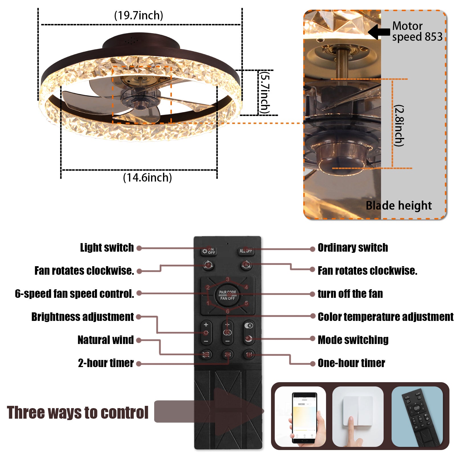 Low Profile 20 Dimmable LED Ceiling Fan with Remote USA