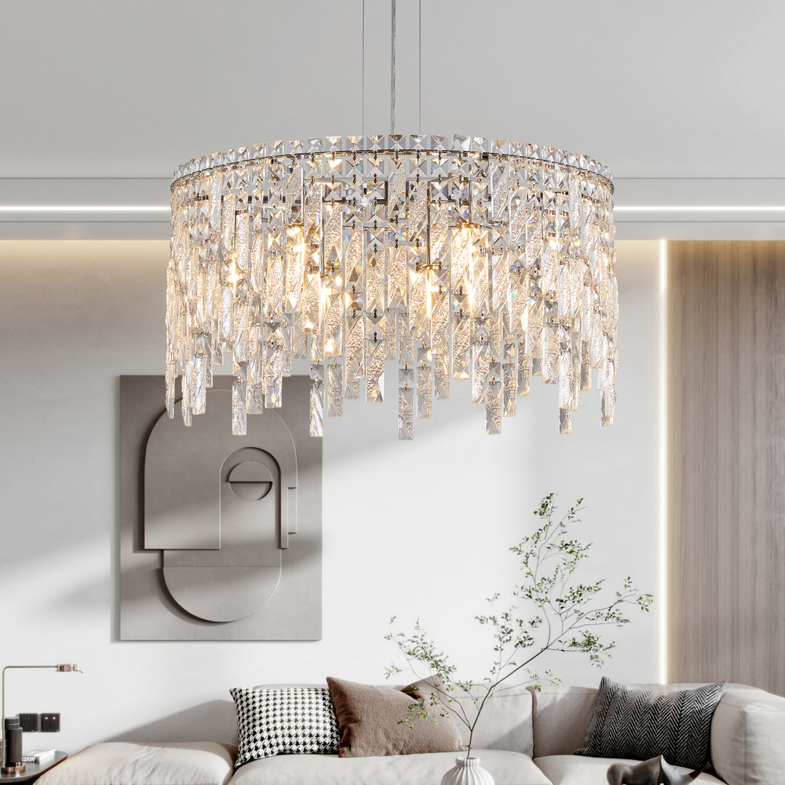 Luxurious 24-Inch Round Chrome and Crystal Chandelier USA