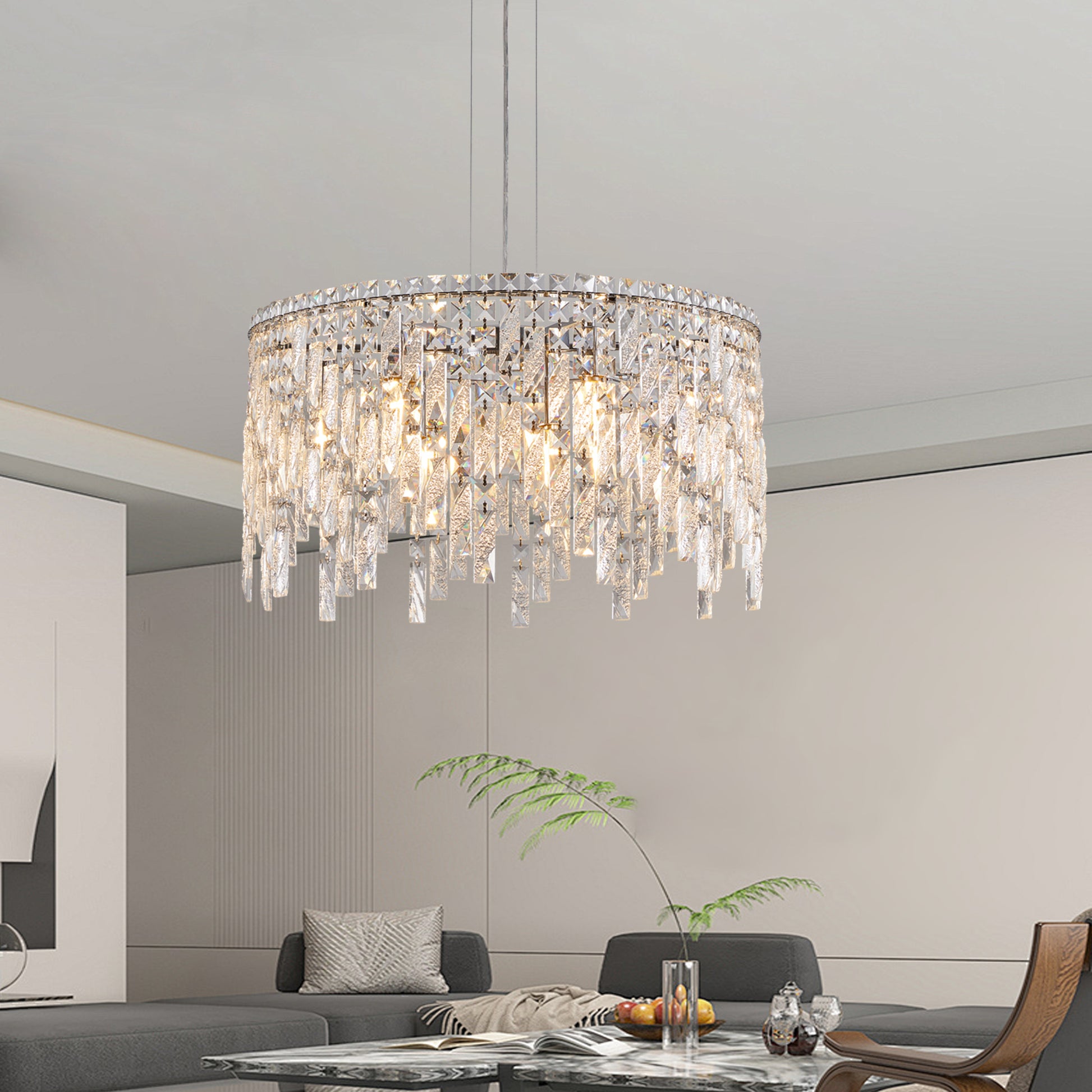 Luxurious 24-Inch Round Chrome and Crystal Chandelier USA