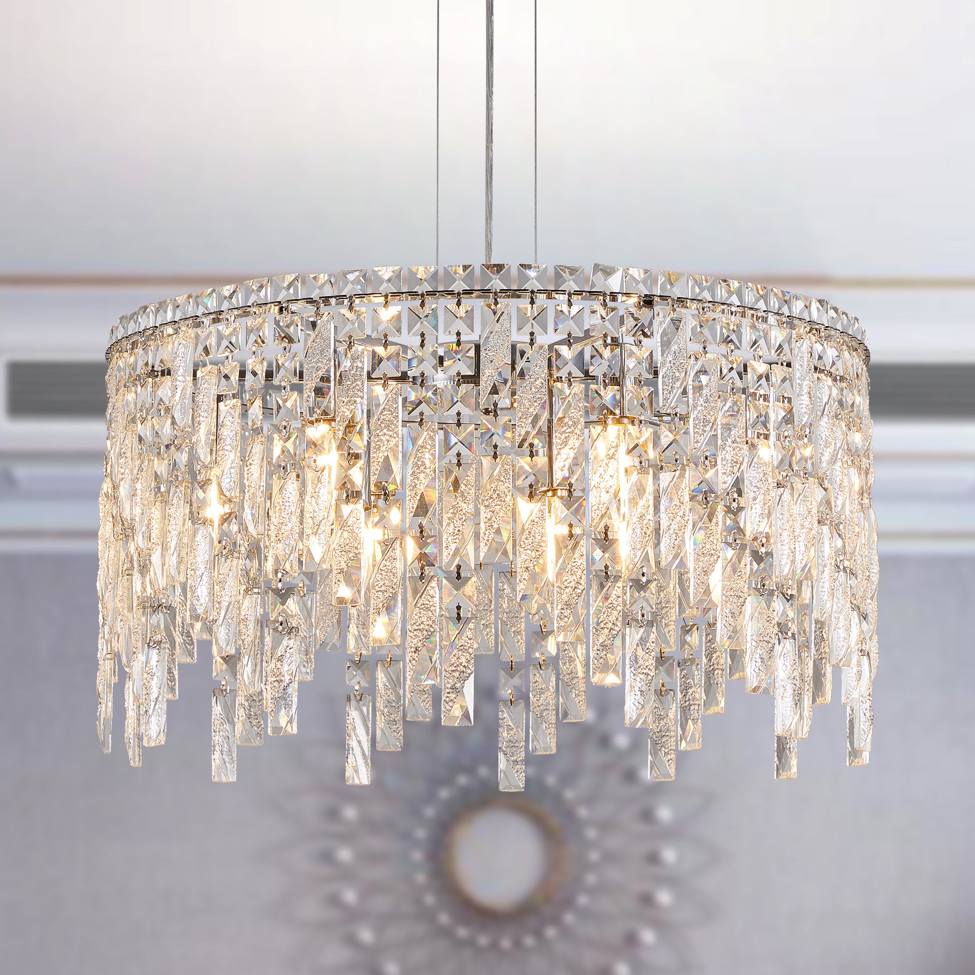 Luxurious 24-Inch Round Chrome and Crystal Chandelier USA