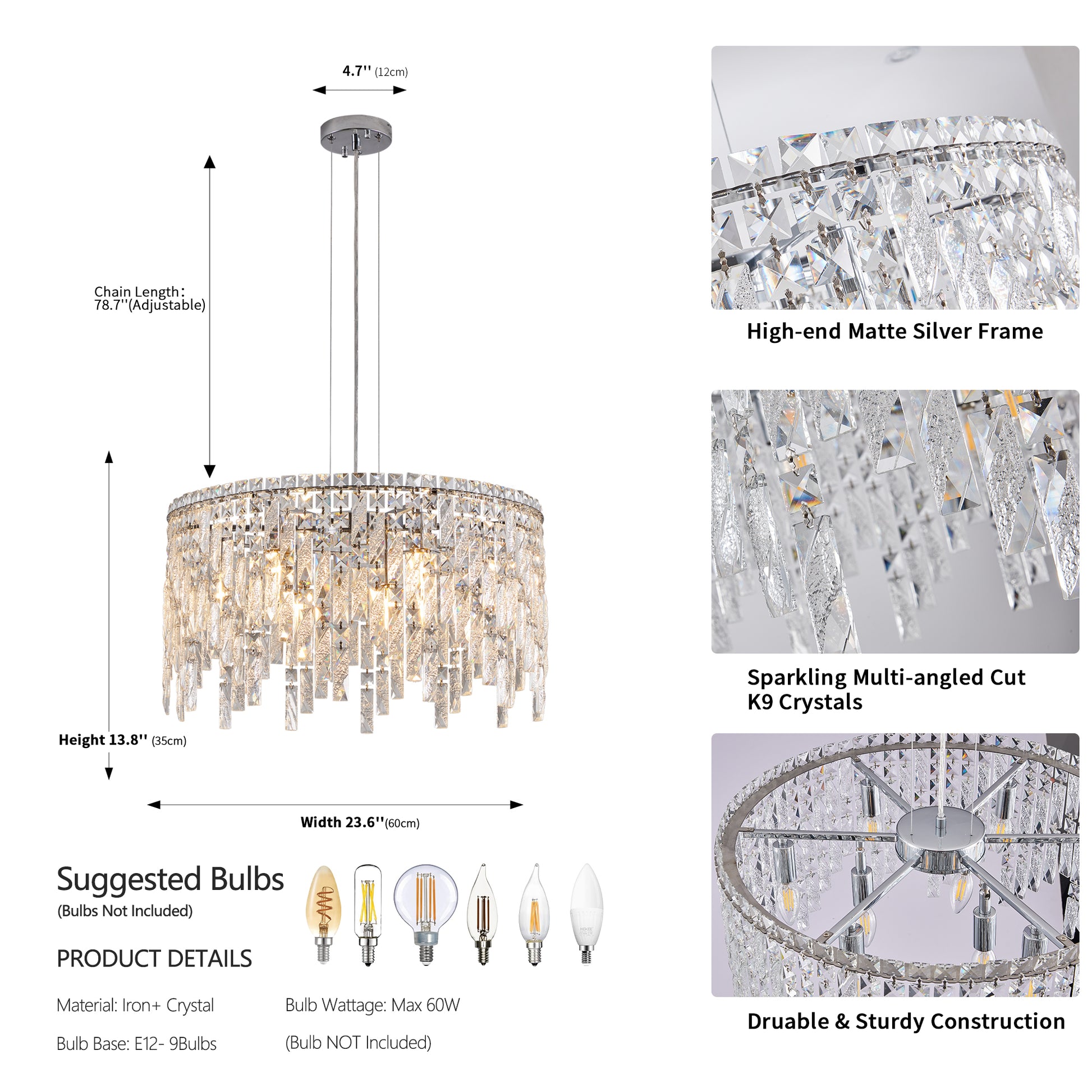 Luxurious 24-Inch Round Chrome and Crystal Chandelier USA