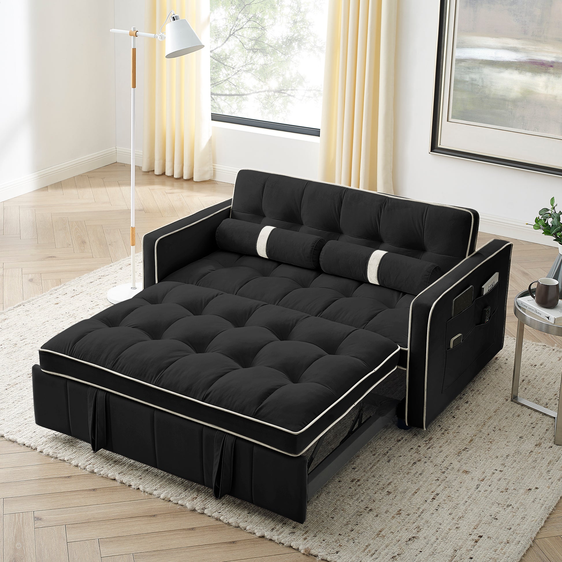 Luxurious Contemporary Black Velvet Convertible Sectional Sofa Bed USA