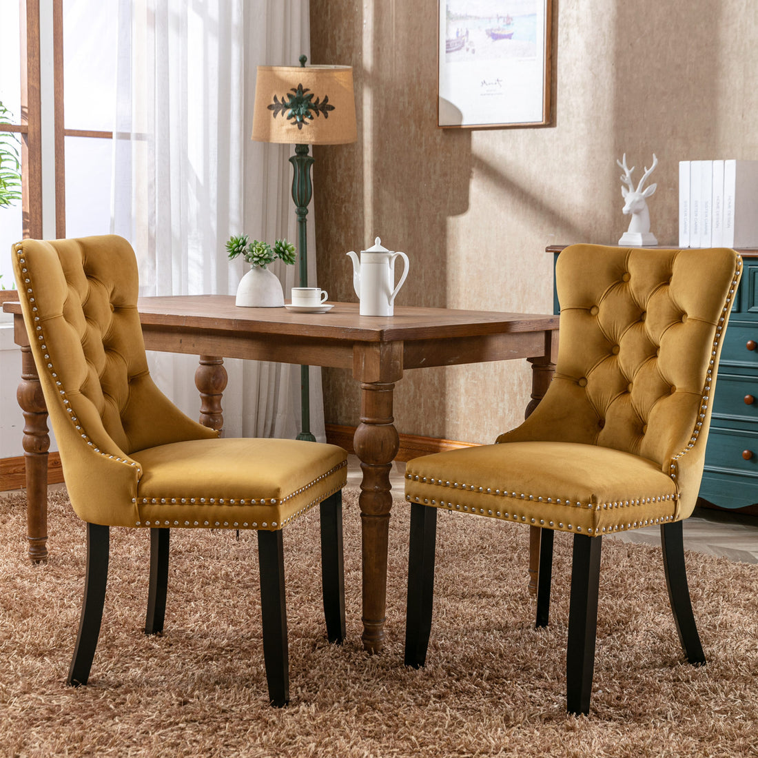 Luxurious Tufted Velvet Dining Chairs with Wooden Legs - Set of 2 USA