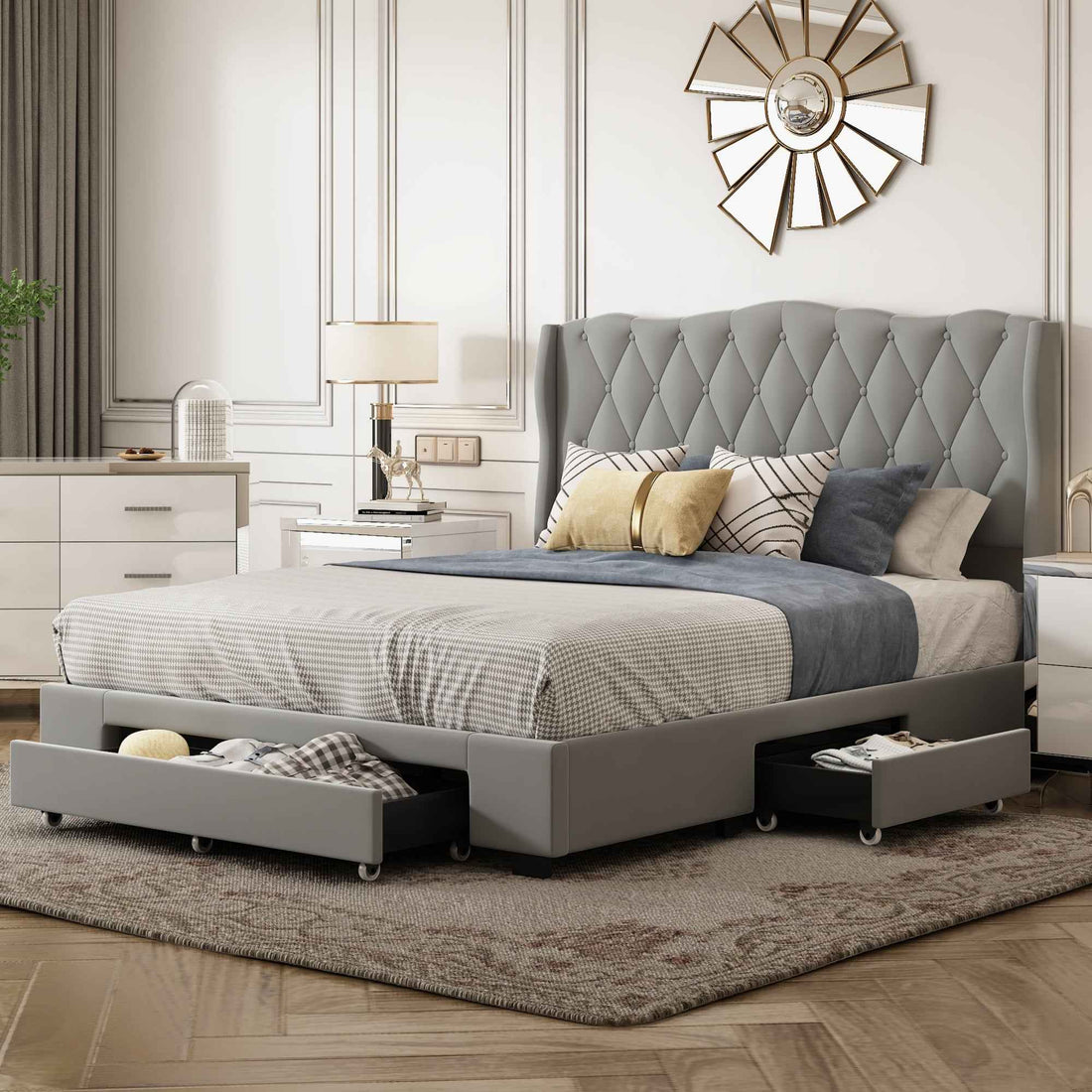 Luxurious Upholstered Platform Bed with Tufted Headboard and Storage Drawers