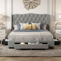 Luxurious Upholstered Platform Bed with Tufted Headboard and Storage Drawers