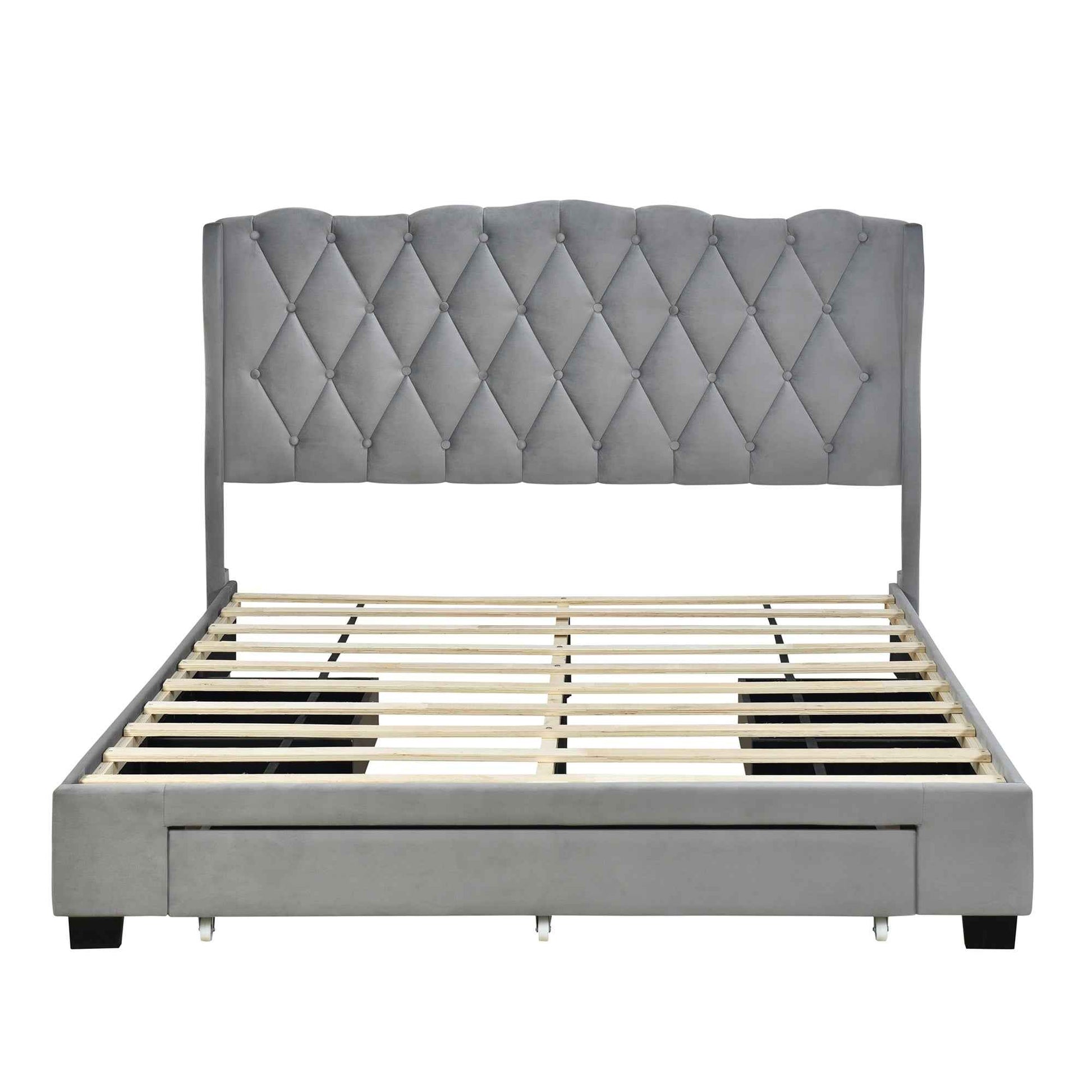 Luxurious Upholstered Platform Bed with Tufted Headboard and Storage Drawers