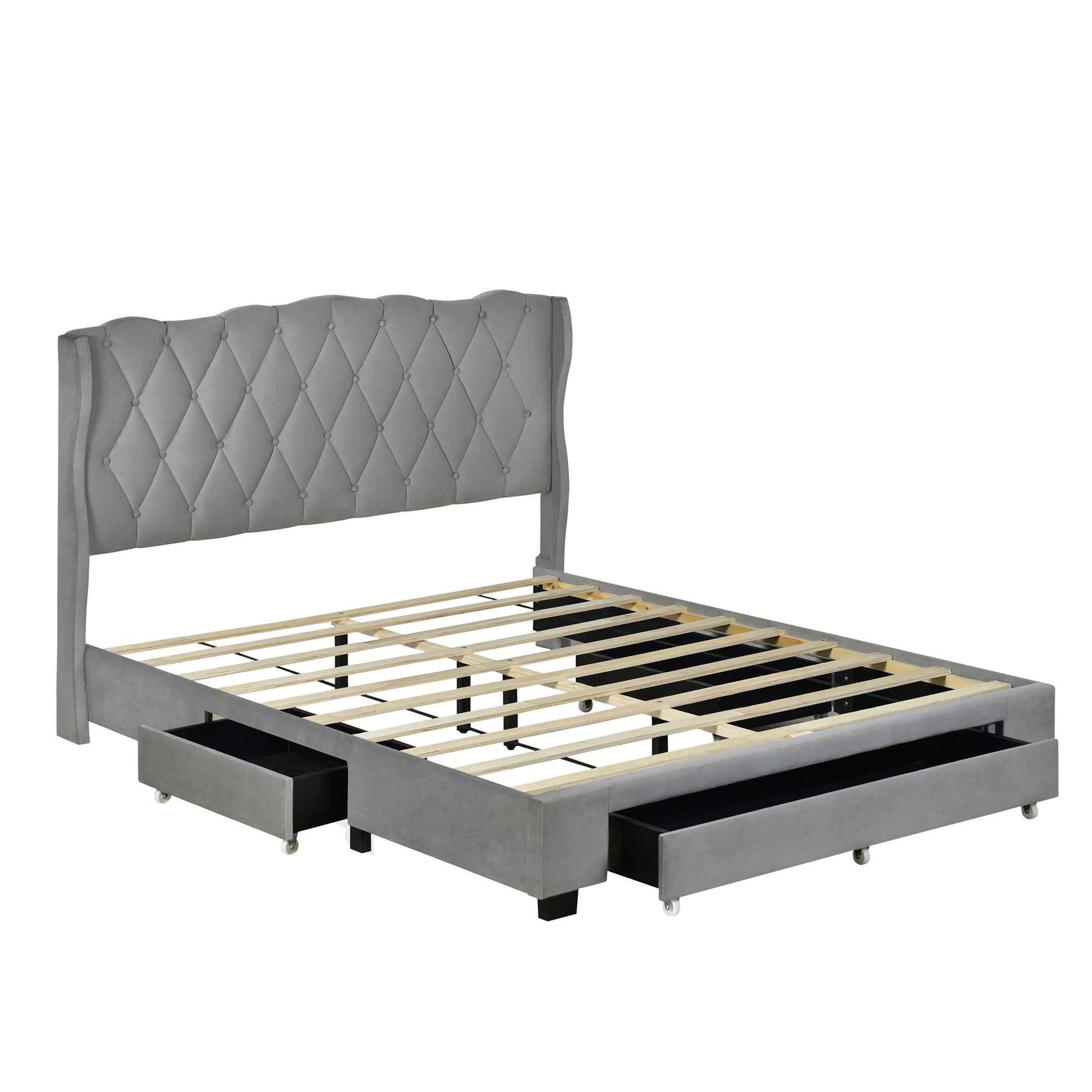 Luxurious Upholstered Platform Bed with Tufted Headboard and Storage Drawers