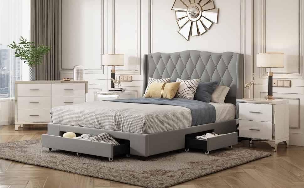 Luxurious Upholstered Platform Bed with Tufted Headboard and Storage Drawers