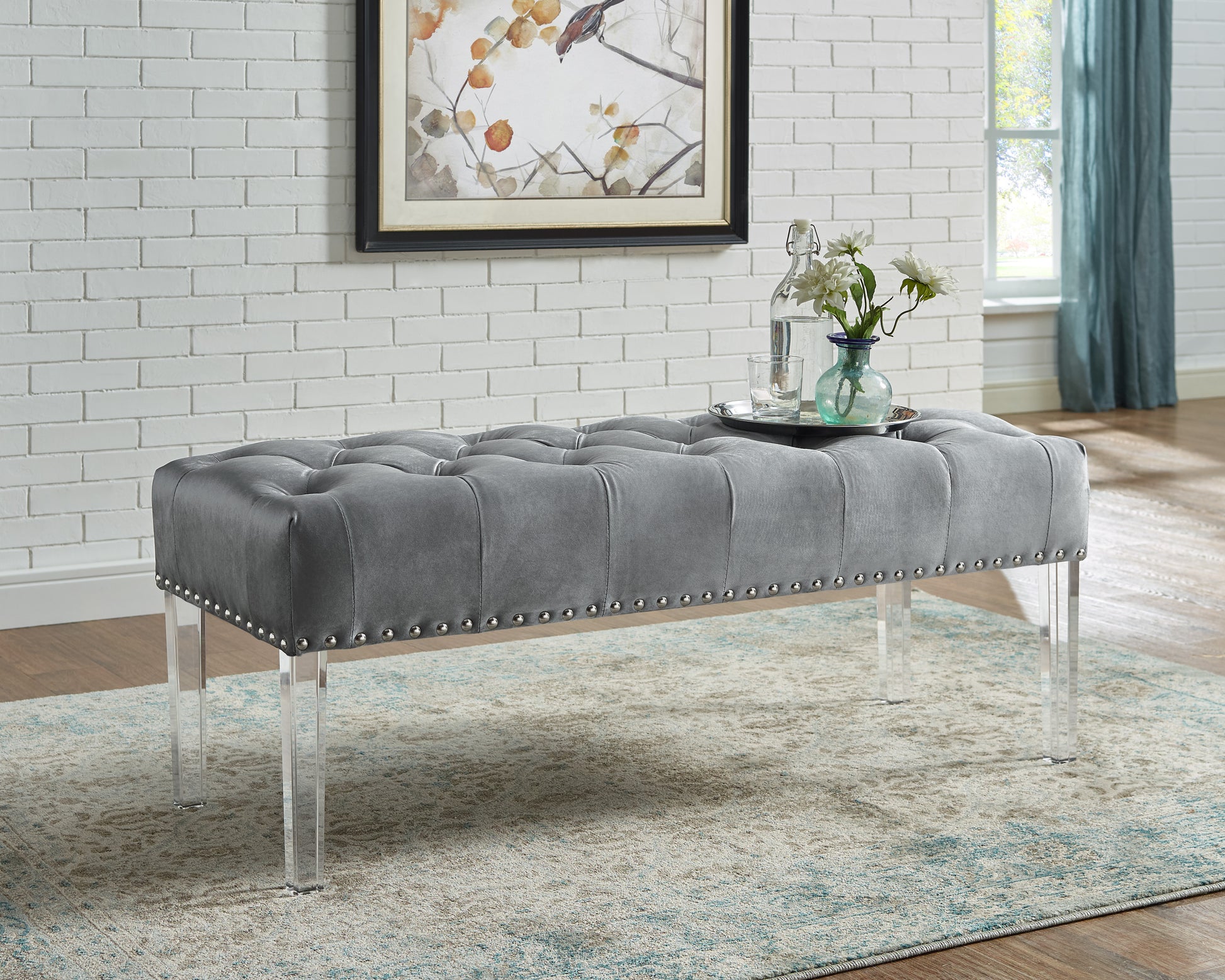 Luxurious Velvet Bench with Acrylic Legs - Gray USA