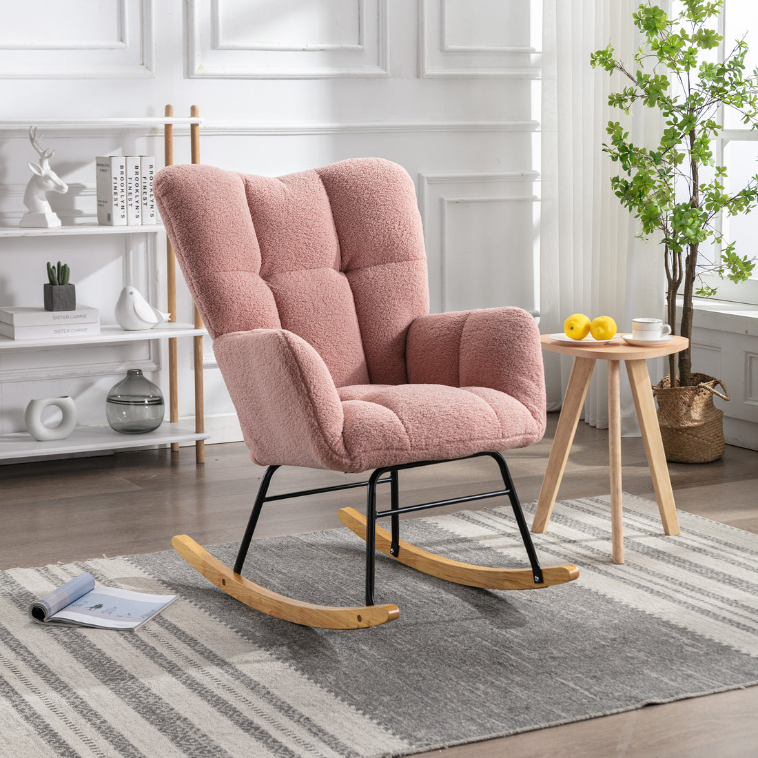 Mid-Century Modern Blush Tufted Rocking Chair with Curved Arms USA