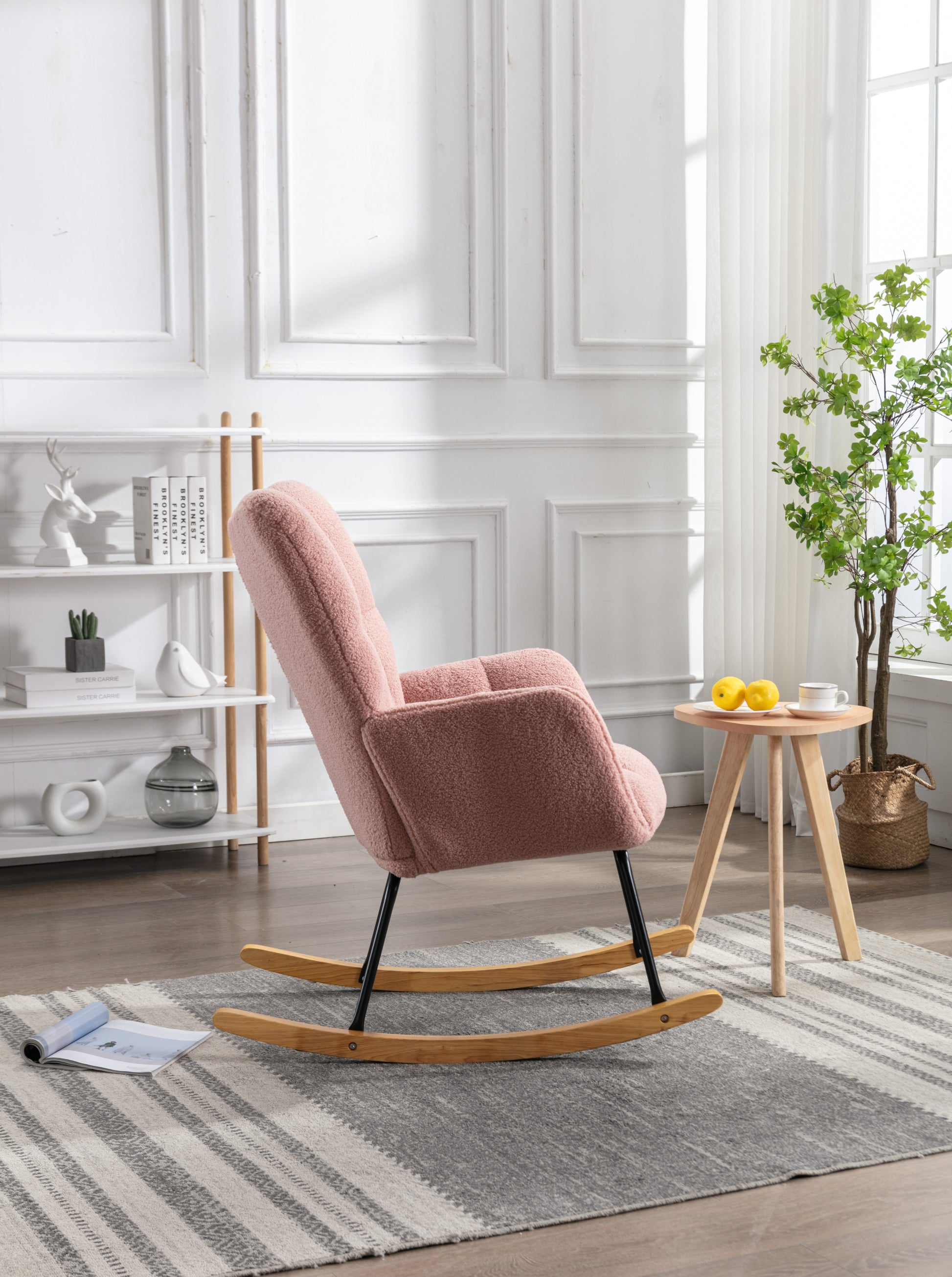 Mid-Century Modern Blush Tufted Rocking Chair with Curved Arms USA