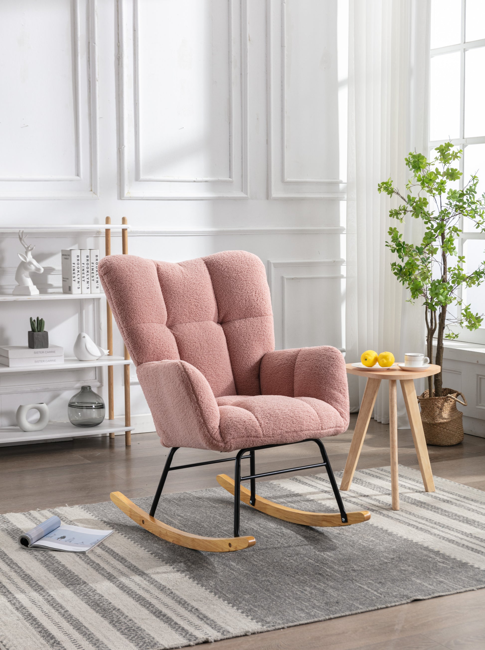 Mid-Century Modern Blush Tufted Rocking Chair with Curved Arms USA