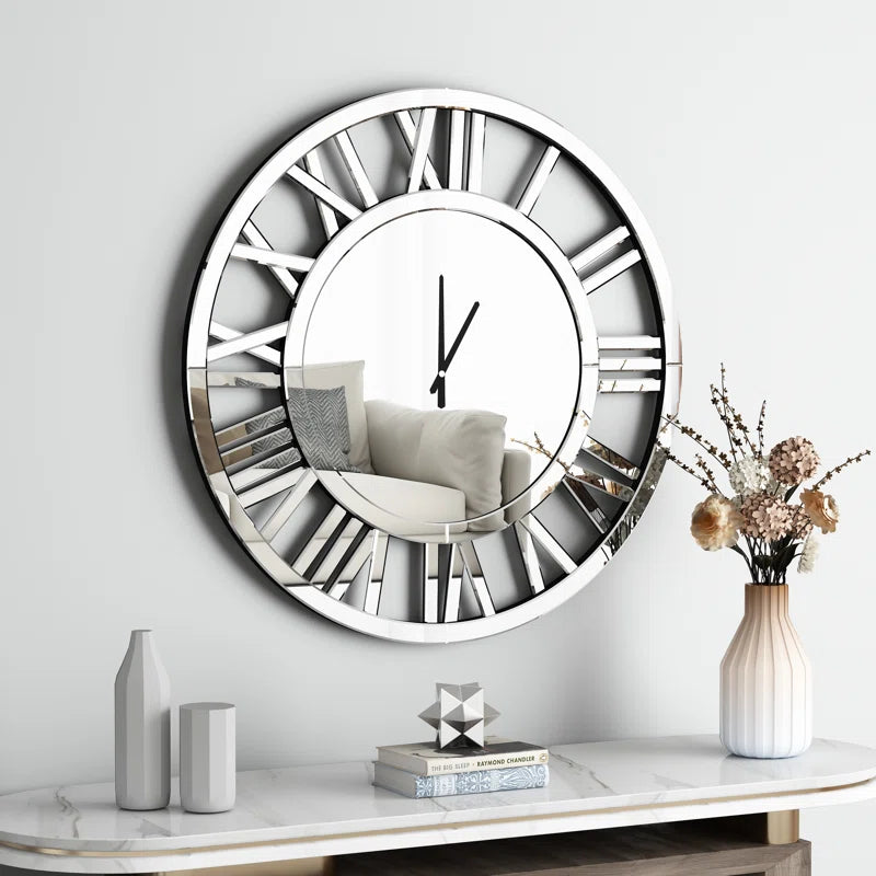 Mirrored Roman Numerals Round Wall Clock - Elegant Silver Design USA