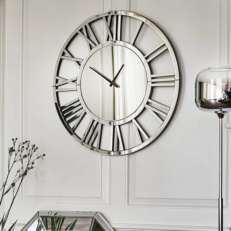 Mirrored Roman Numerals Round Wall Clock - Elegant Silver Design USA