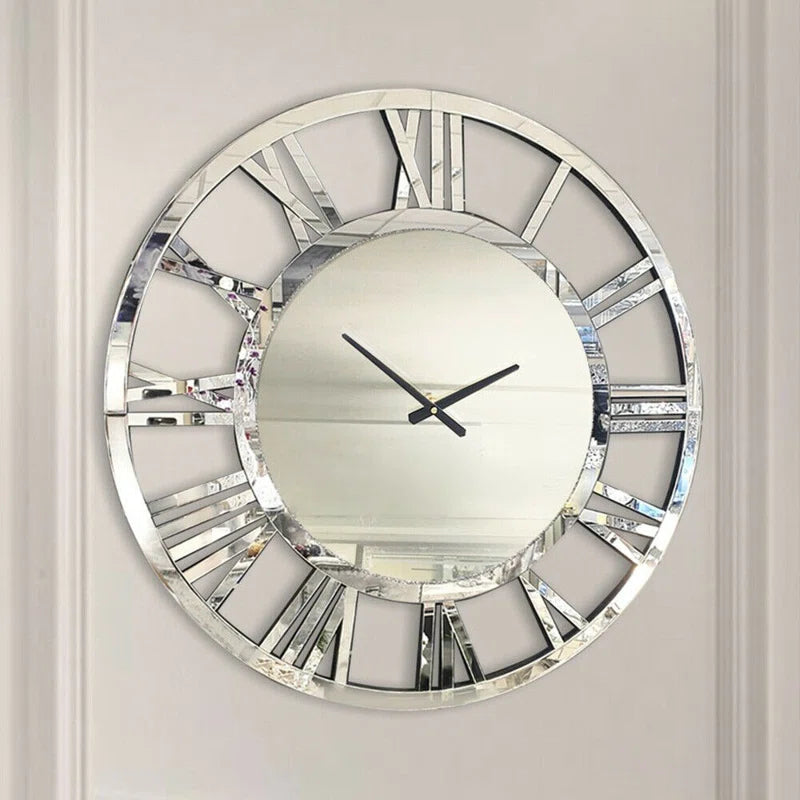 Mirrored Roman Numerals Round Wall Clock - Elegant Silver Design USA