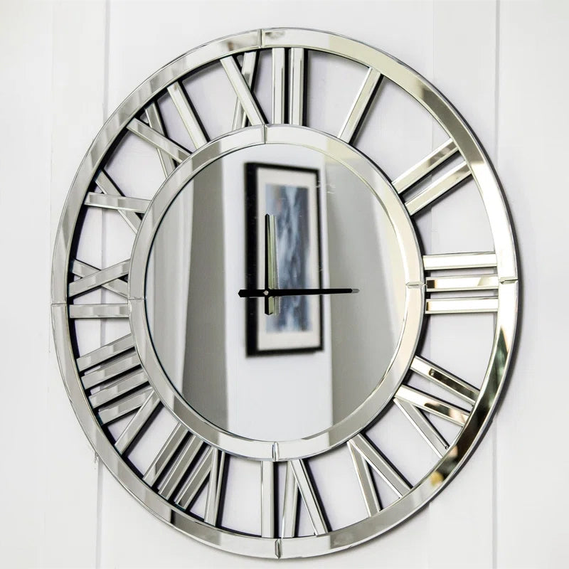 Mirrored Roman Numerals Round Wall Clock - Elegant Silver Design USA