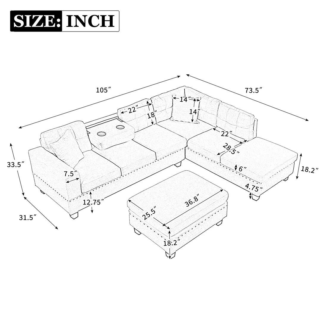 Modern 3-Piece Sectional Sofa with Storage Ottoman USA