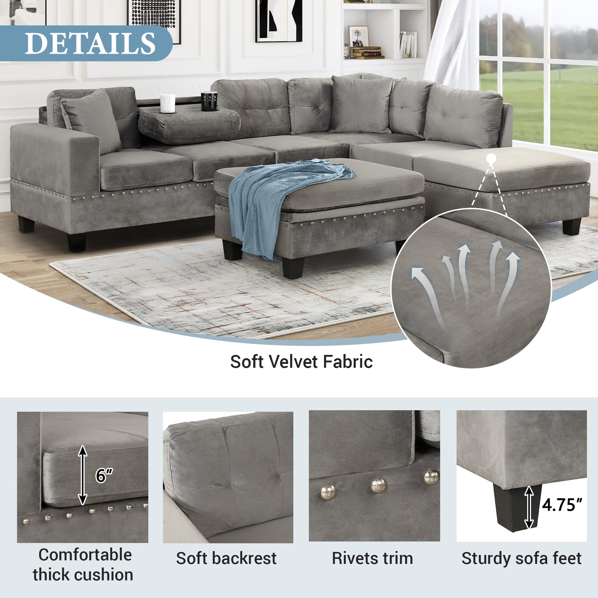 Modern 3-Piece Sectional Sofa with Storage Ottoman USA