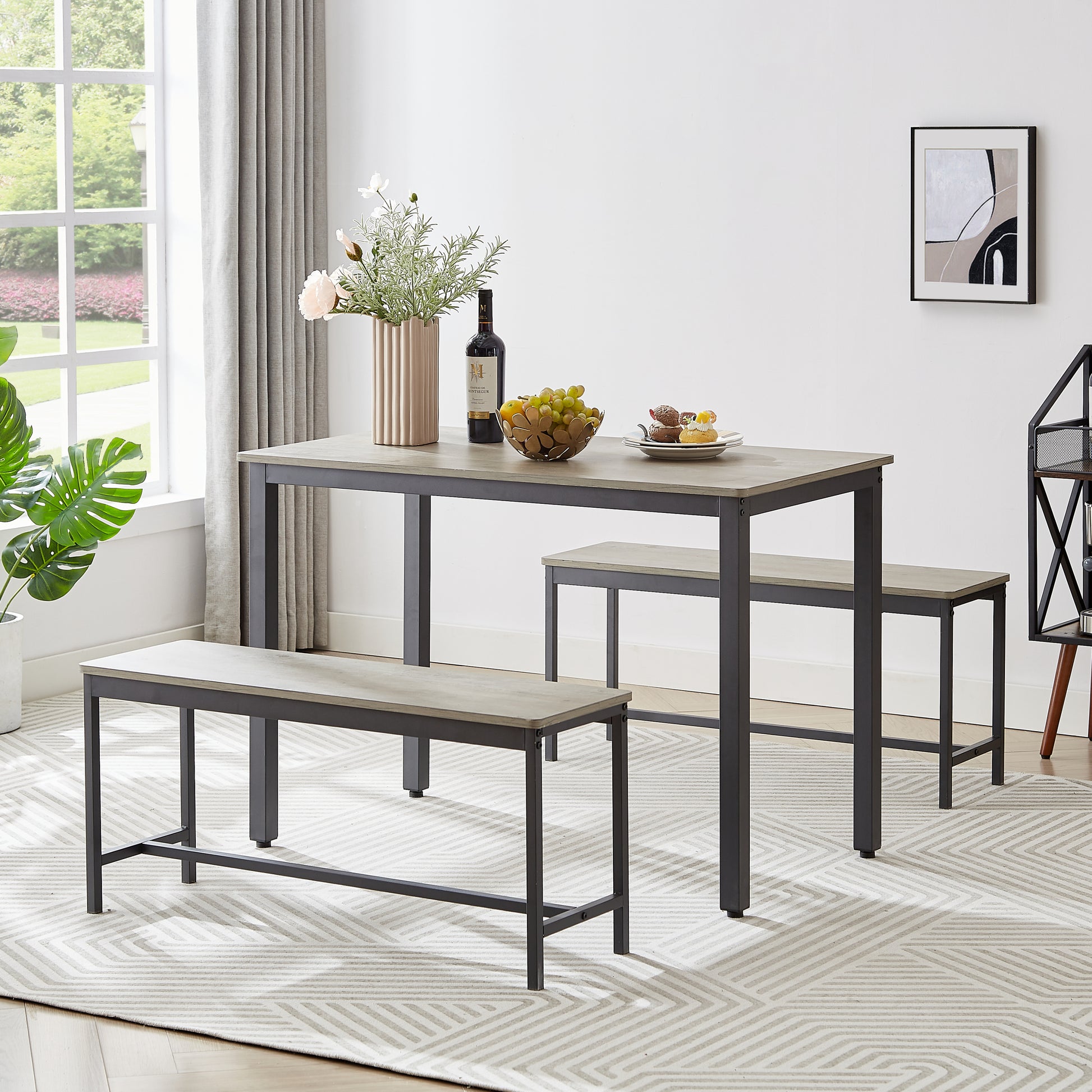 Modern Industrial 3-Piece Dining Table Set with Bench USA