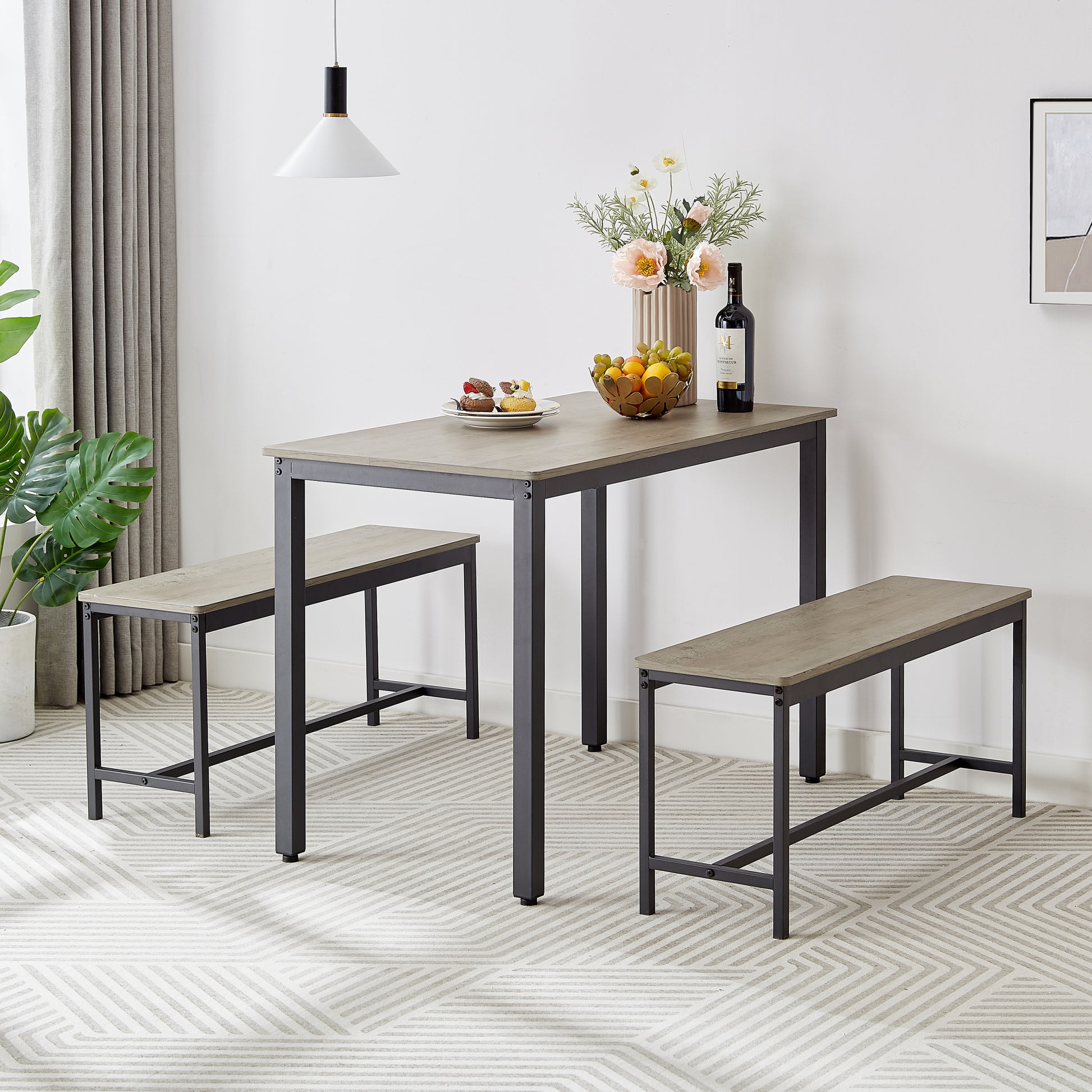 Modern Industrial 3-Piece Dining Table Set with Bench USA