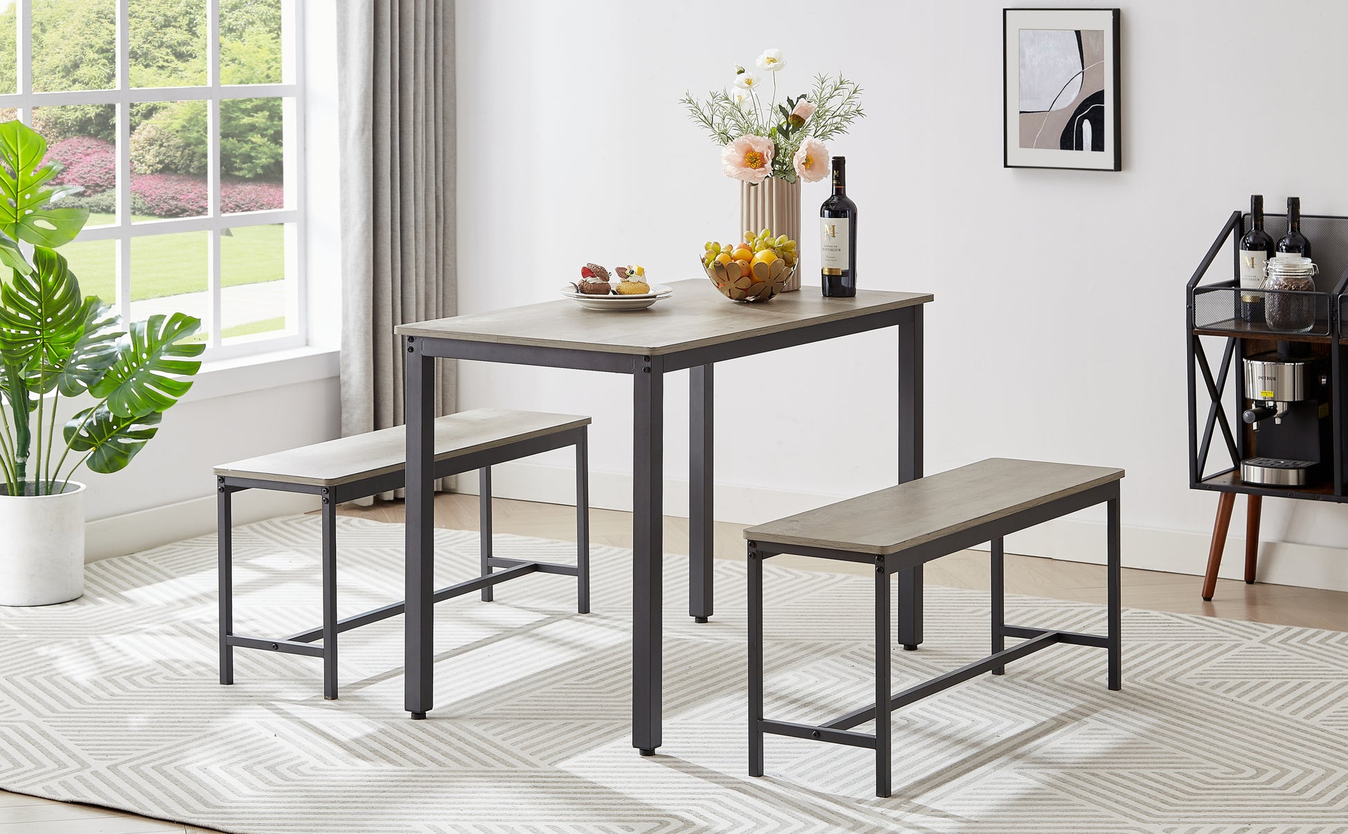 Modern Industrial 3-Piece Dining Table Set with Bench USA