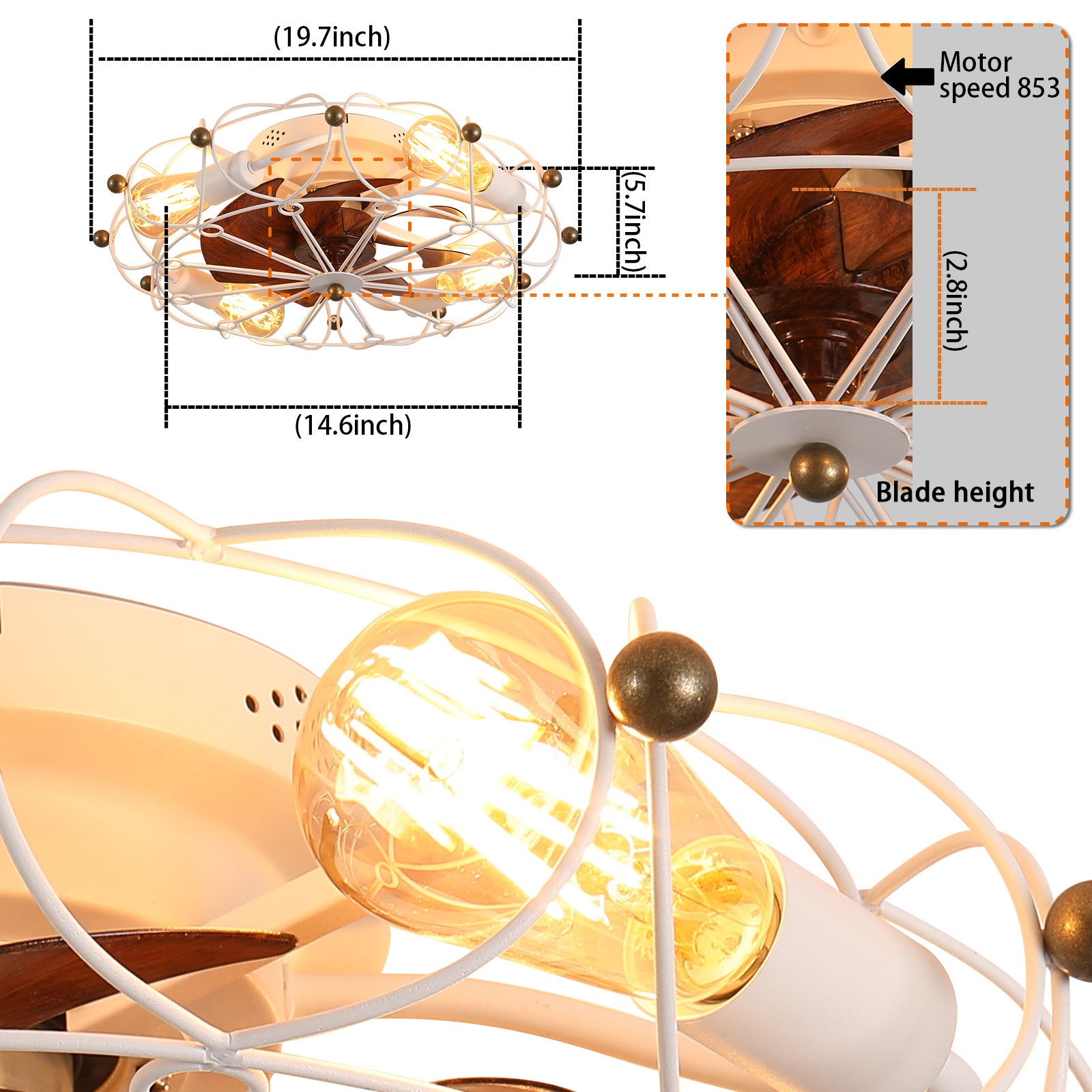 Modern Industrial Low Profile Caged Ceiling Fan with Lights and Remote Control USA