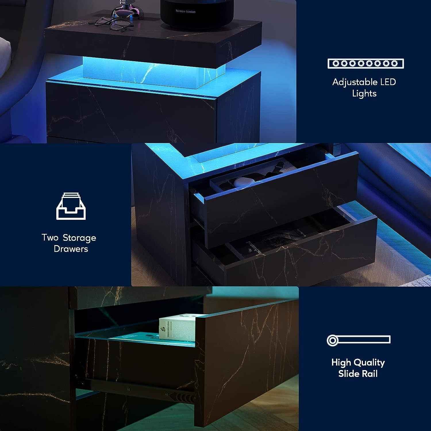 Modern Nightstand with LED Accent Lighting Stylish Bedside Cabinet with 2 Drawers