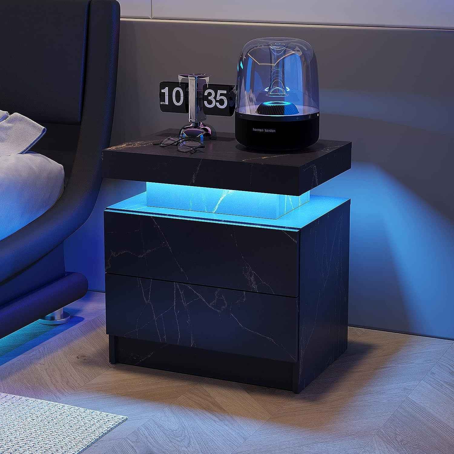 Modern Nightstand with LED Accent Lighting Stylish Bedside Cabinet with 2 Drawers