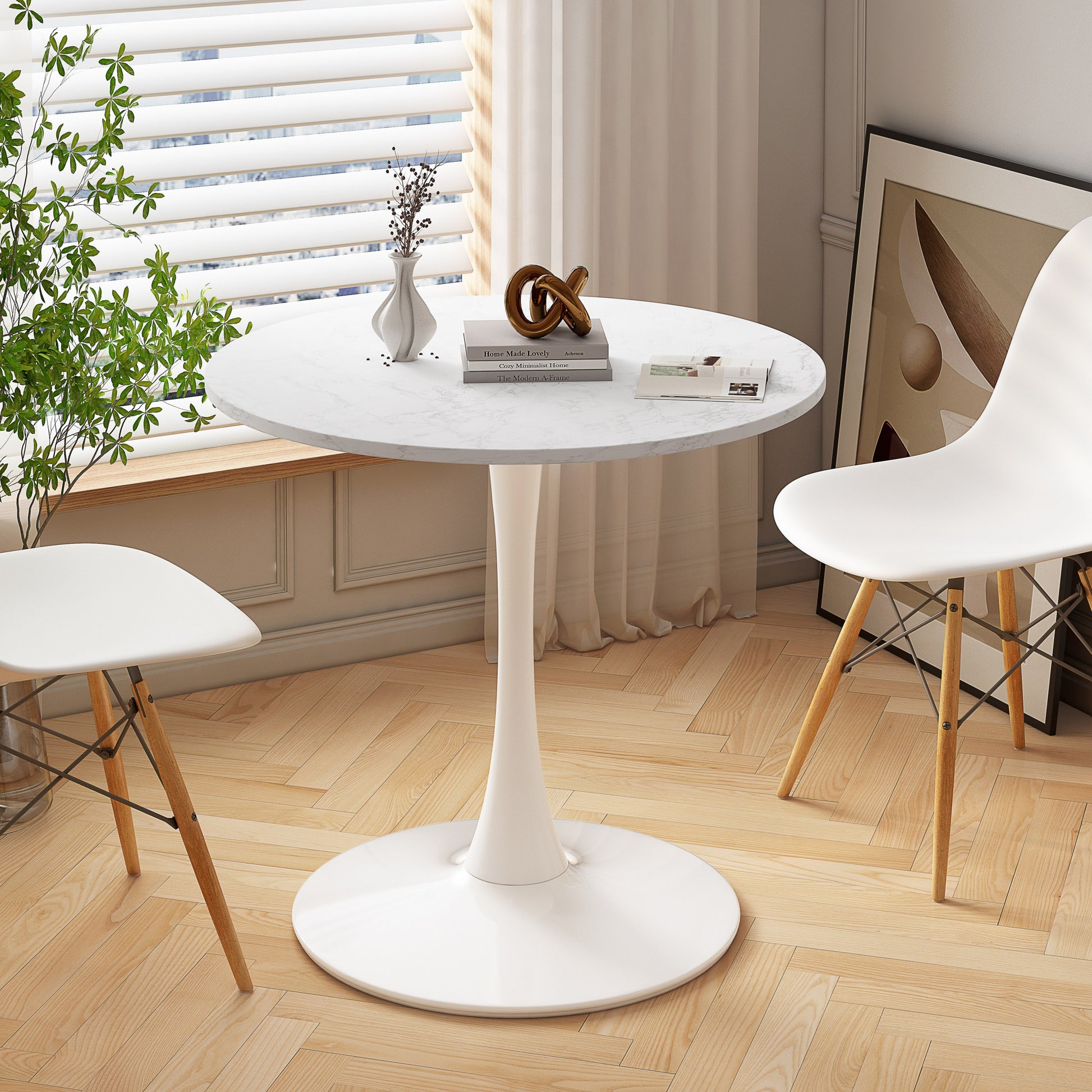 Modern Round Dining Table with Printed White Marble Surface USA