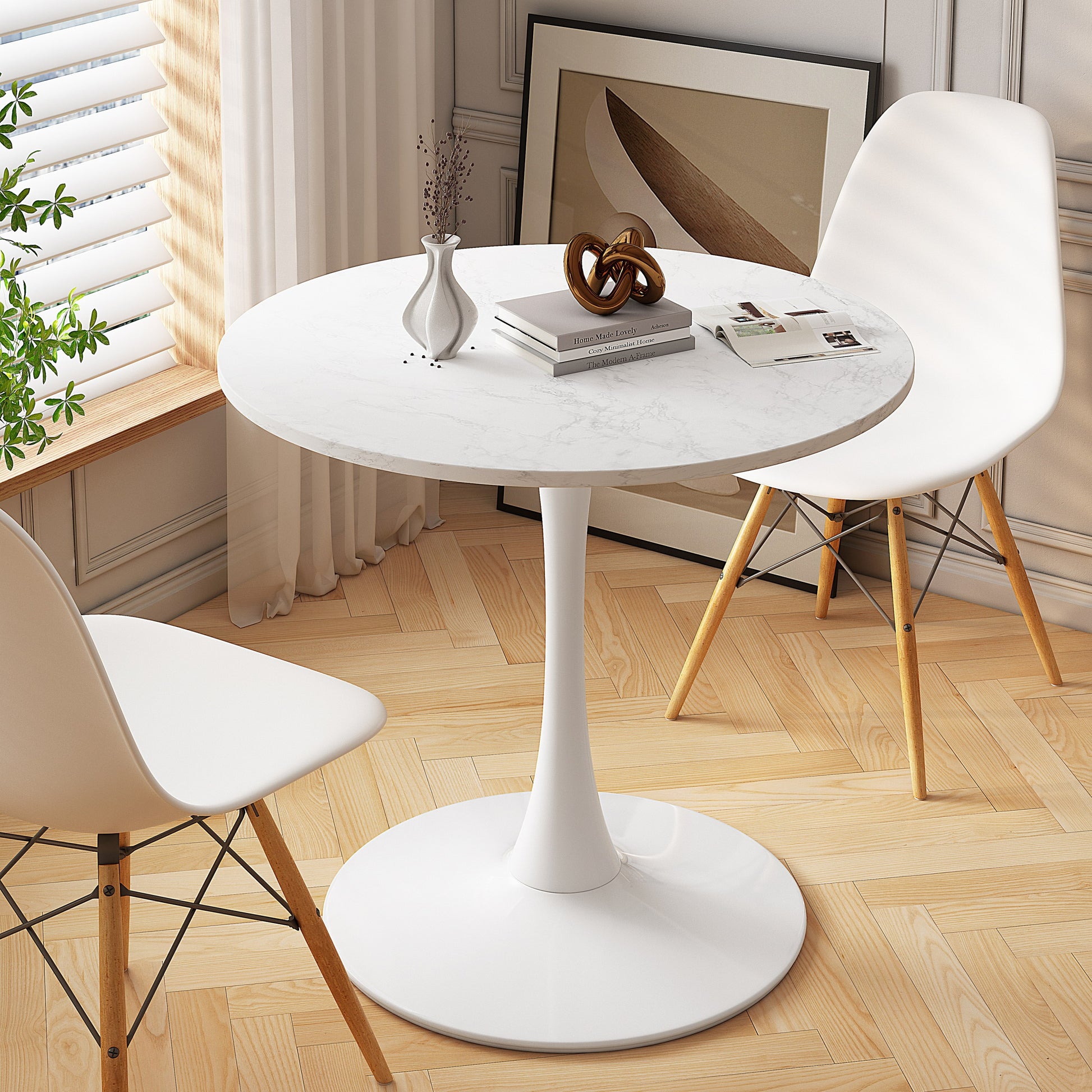 Modern Round Dining Table with Printed White Marble Surface USA