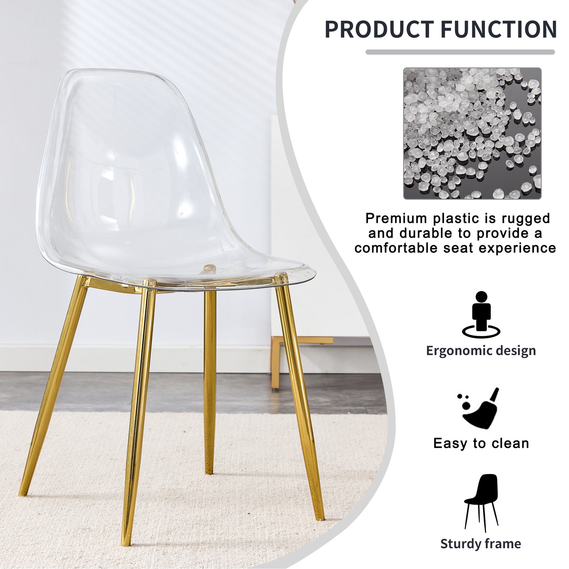 Modern Transparent Dining Chairs Set of 4 with Golden Metal Legs USA