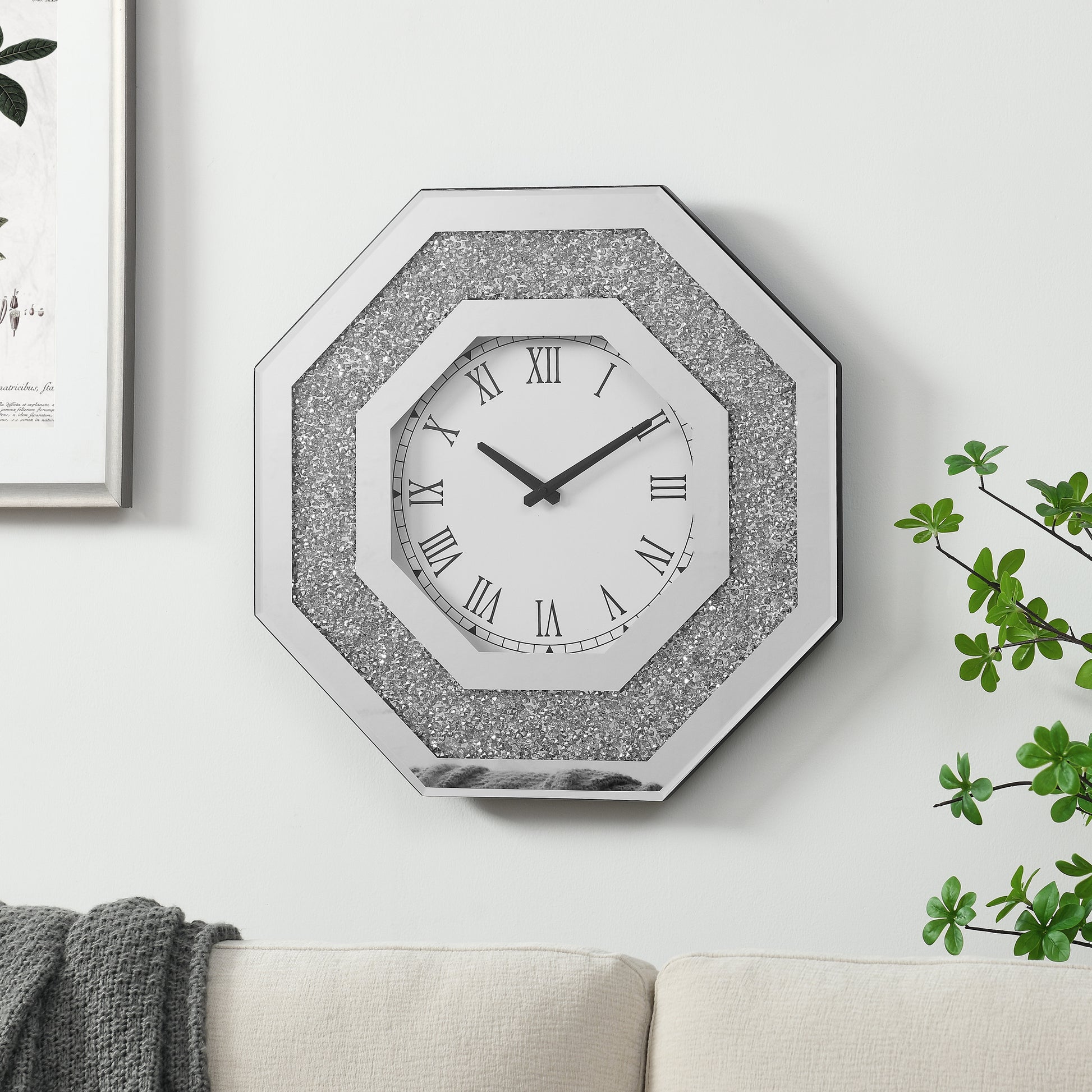 Octagonal Wall Clock with Floating Crystal Diamonds - Glam Modern Design USA