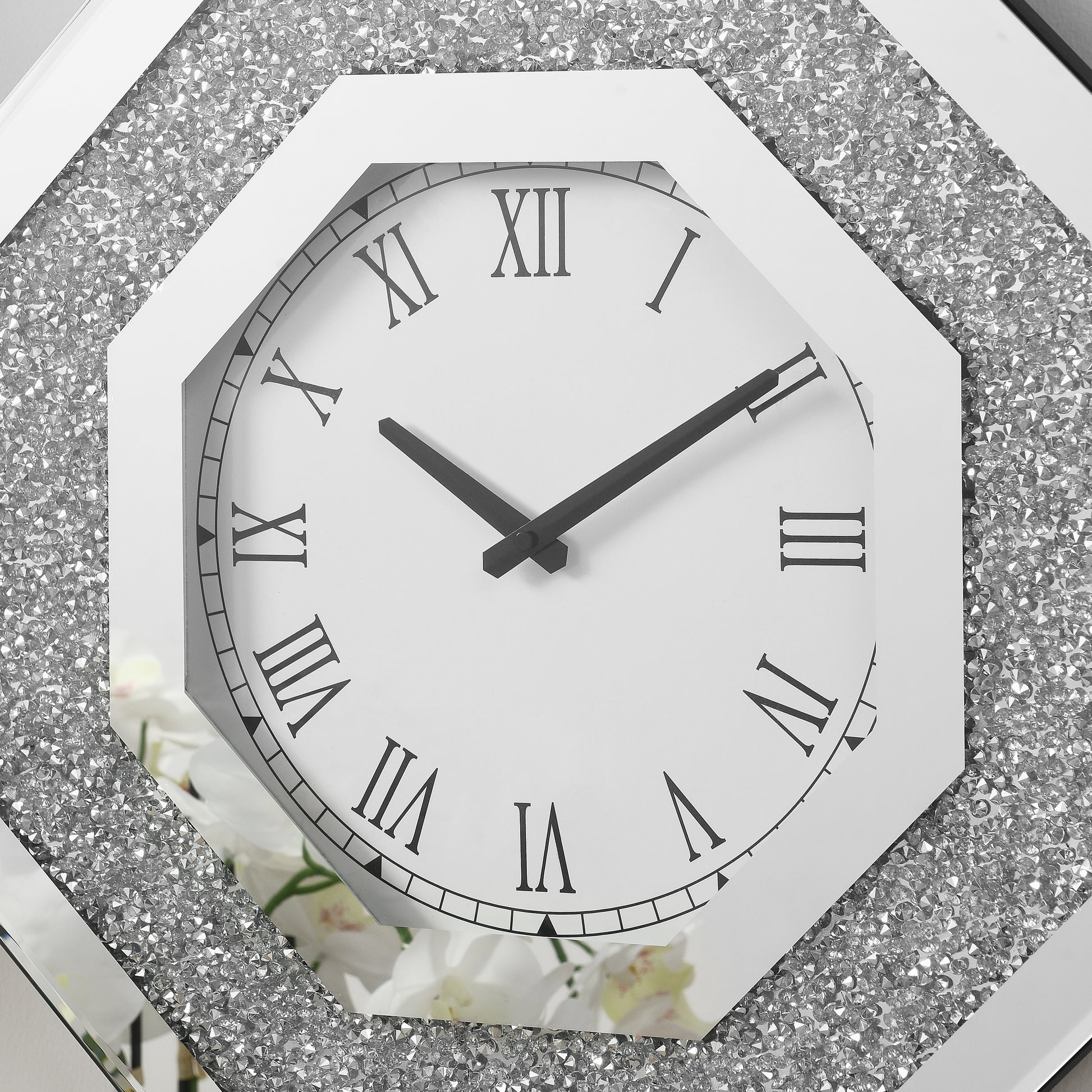 Octagonal Wall Clock with Floating Crystal Diamonds - Glam Modern Design USA