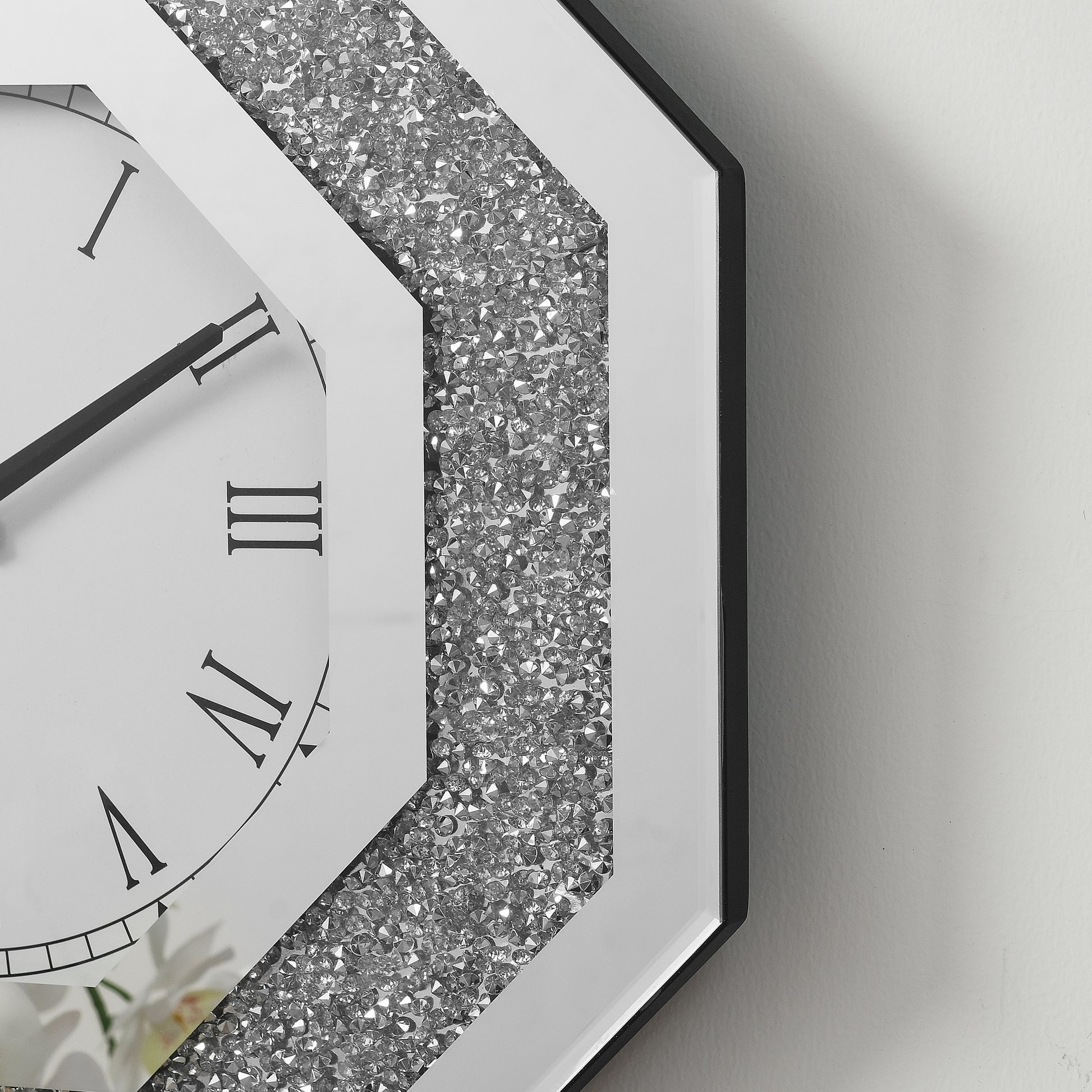 Octagonal Wall Clock with Floating Crystal Diamonds - Glam Modern Design USA