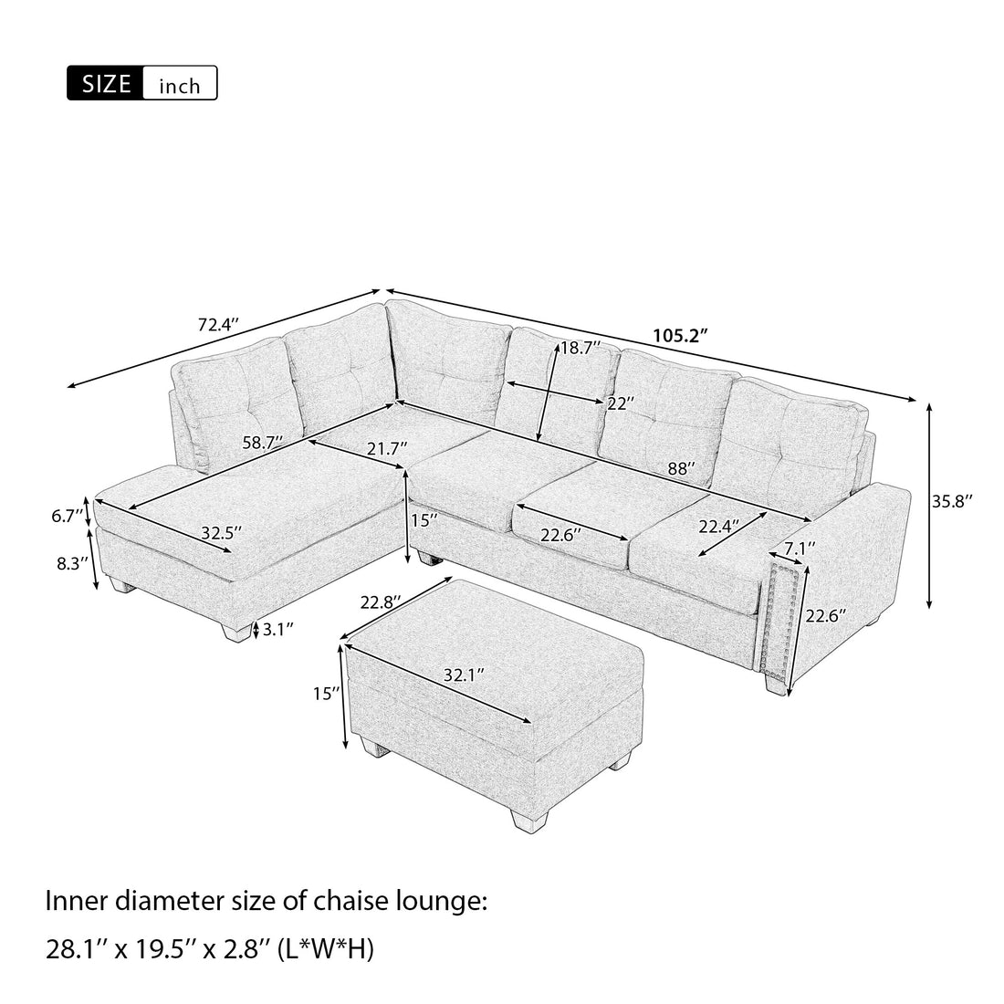 Orisfur. Reversible Sectional Sofa Space Saving with Storage Ottoman Rivet Ornament L-shape Couch for Large Space Dorm Apartment USA