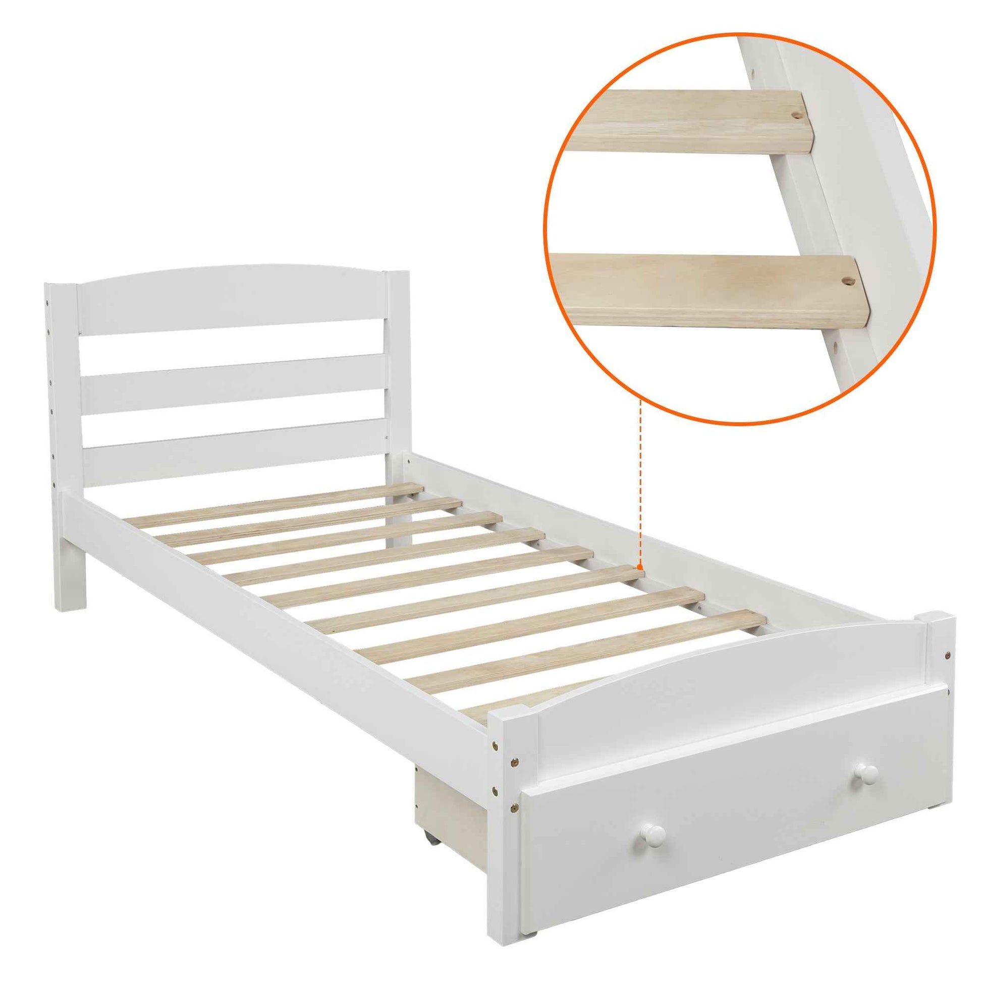 Platform Twin Bed Frame with Storage Drawer and Wood Slat Support- USA