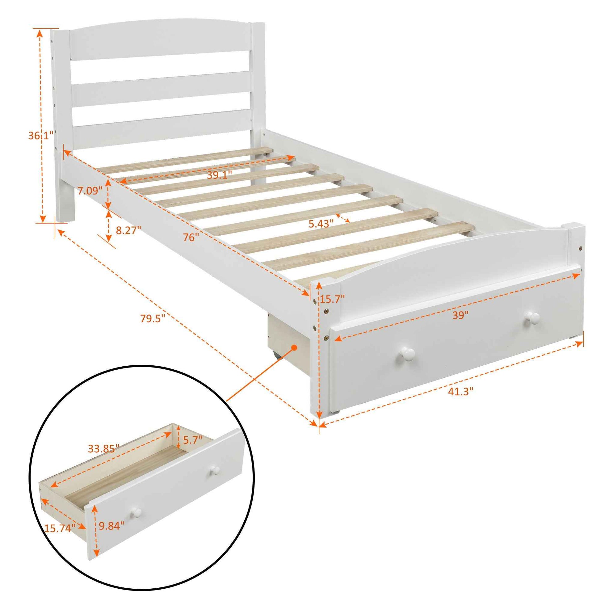 Platform Twin Bed Frame with Storage Drawer and Wood Slat Support- USA