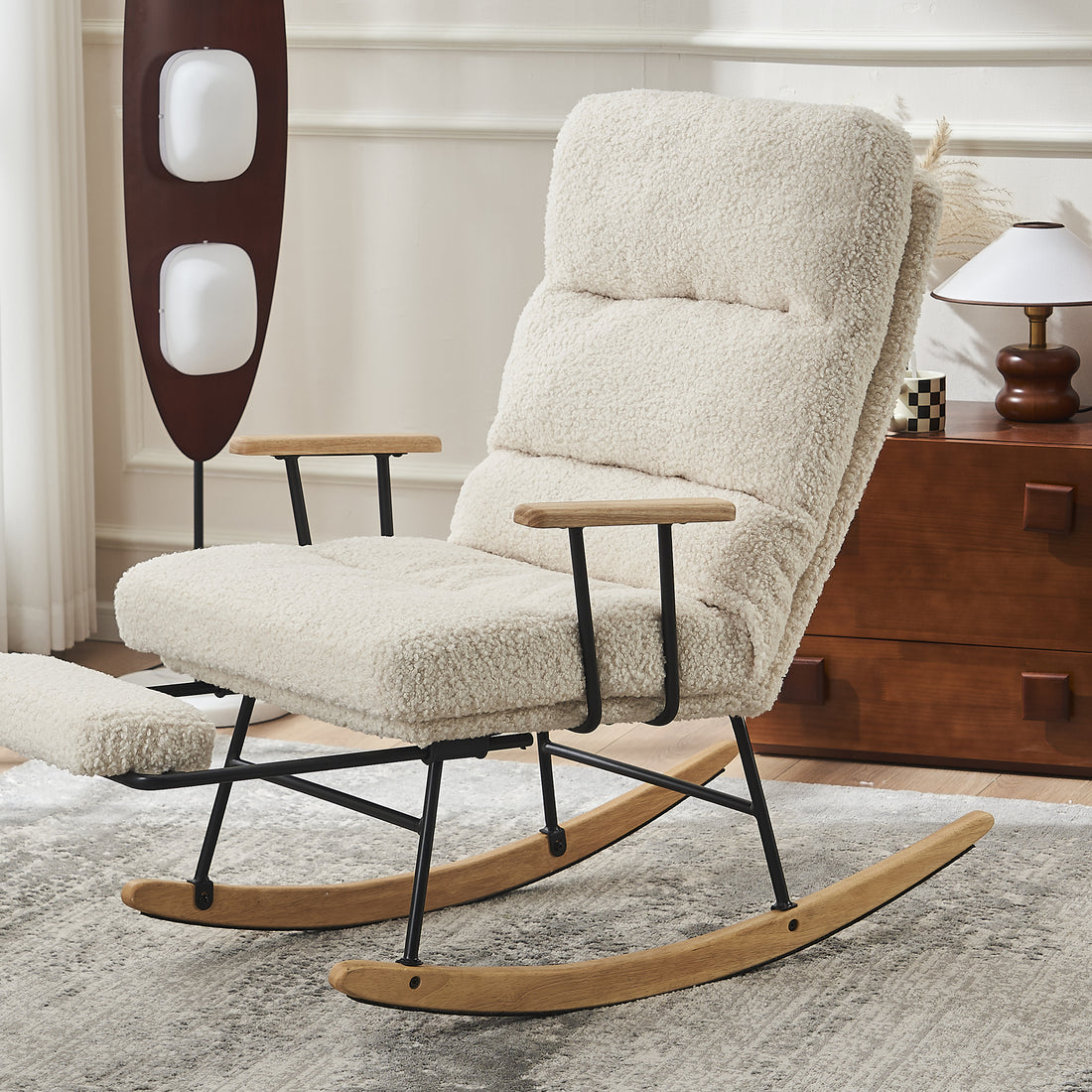 Plush Upholstered Rocking Chair with High Back and Retractable Footrest USA