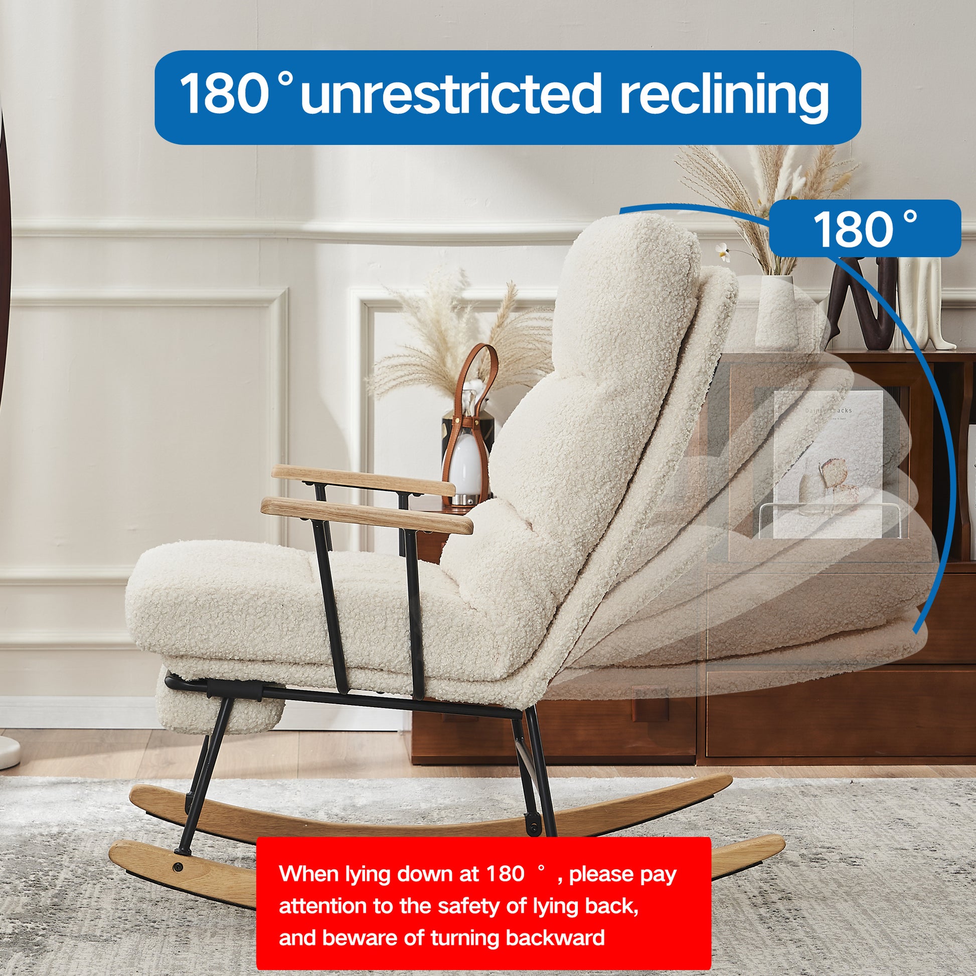 Plush Upholstered Rocking Chair with High Back and Retractable Footrest USA