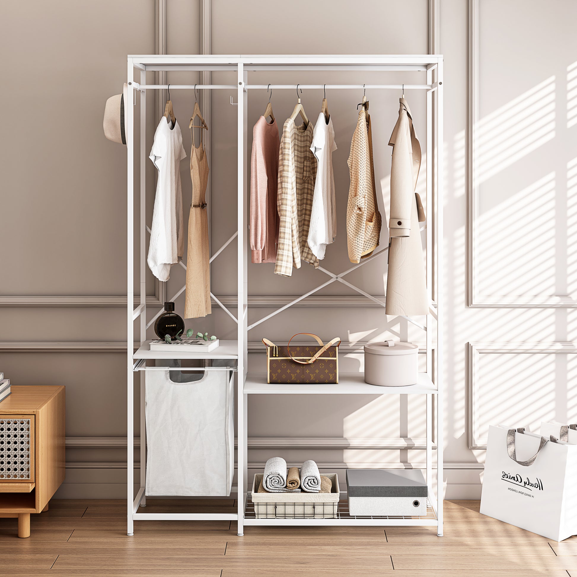 Portable Freestanding Wardrobe Closet with Bottom Mesh Rack USA