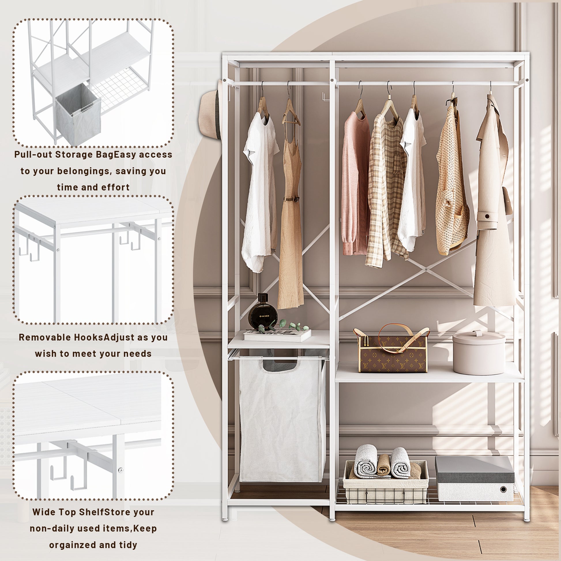 Portable Freestanding Wardrobe Closet with Bottom Mesh Rack USA