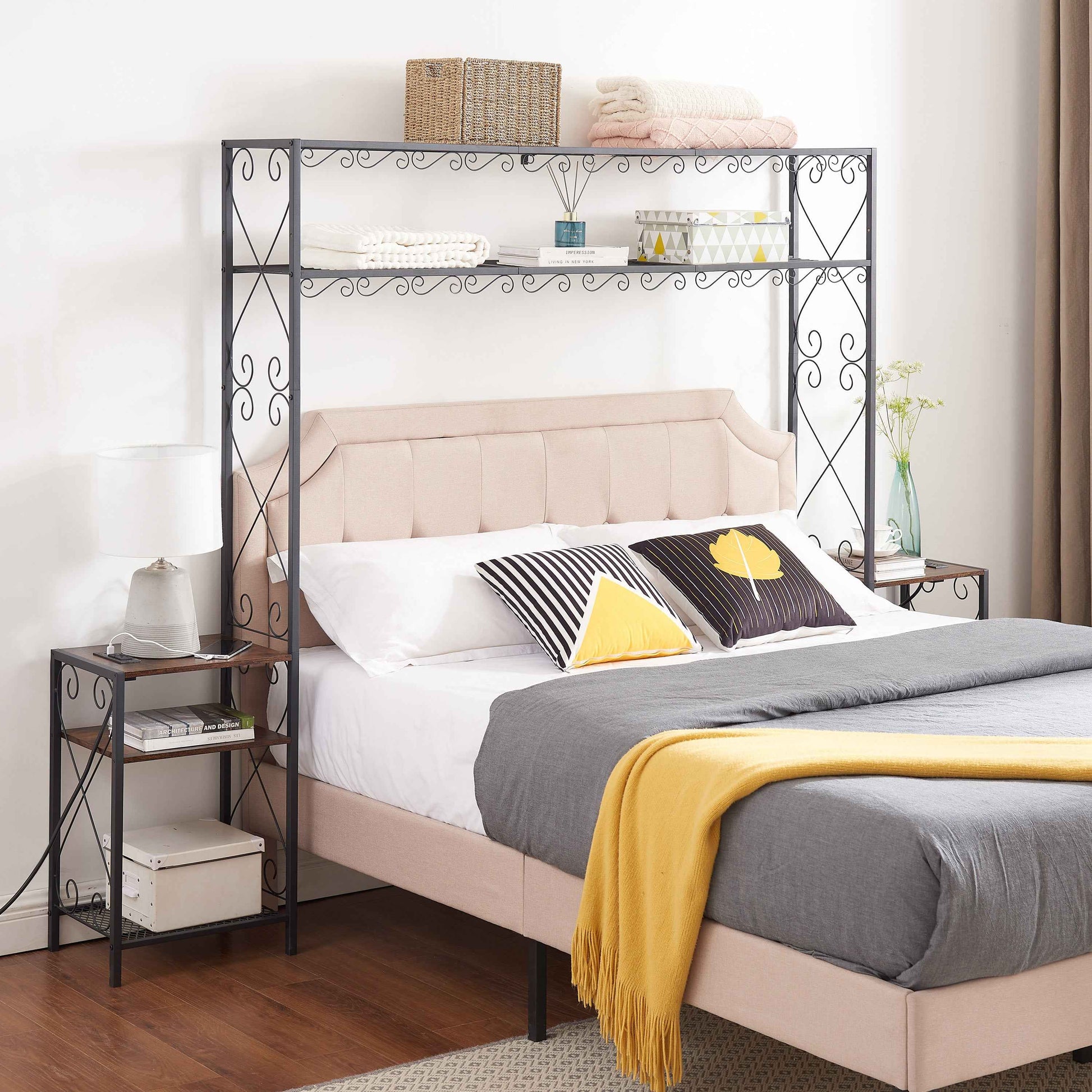 Queen Bed Frame with 2 Nightstands Headboards with Storage Cabinet