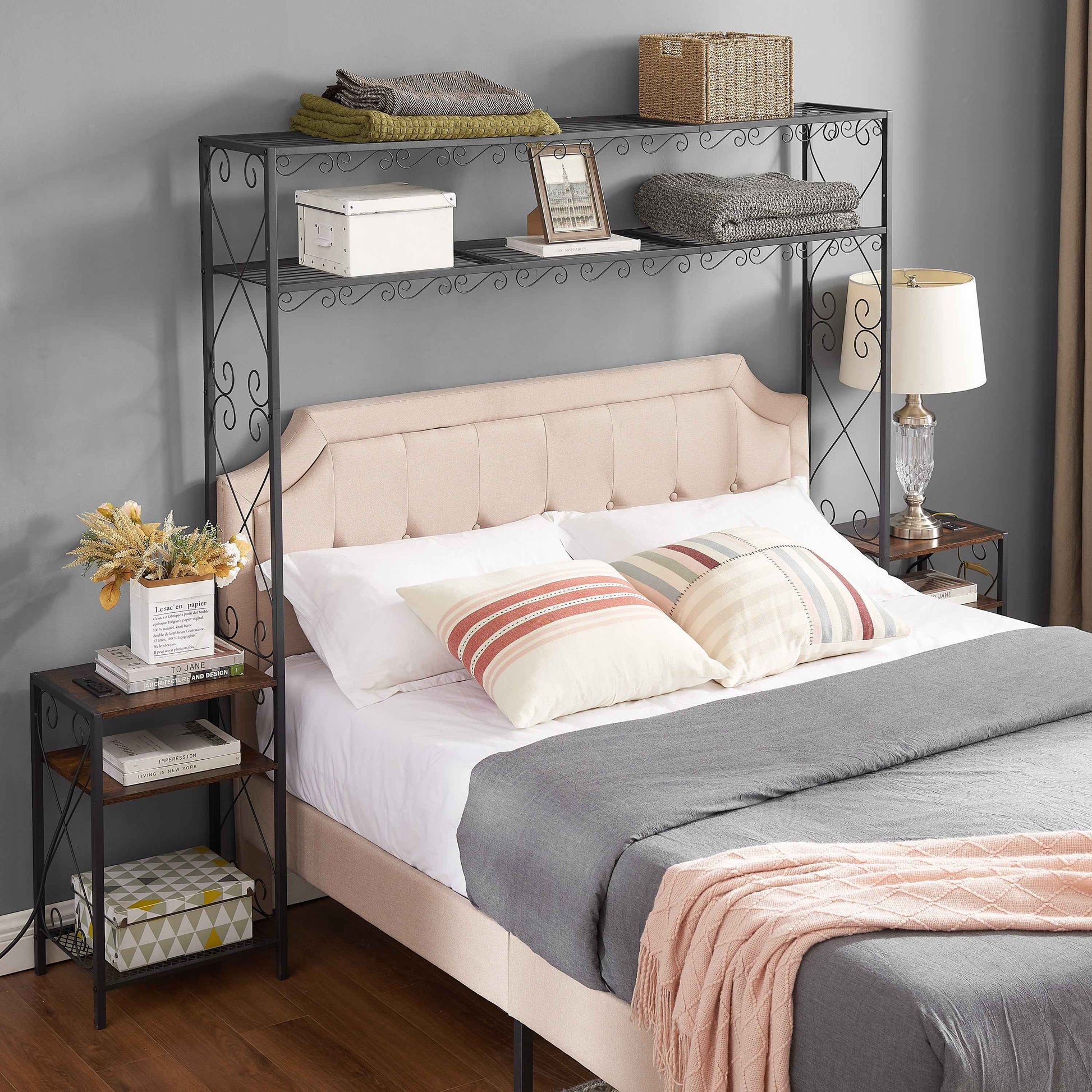 Queen Bed Frame with 2 Nightstands Headboards with Storage Cabinet