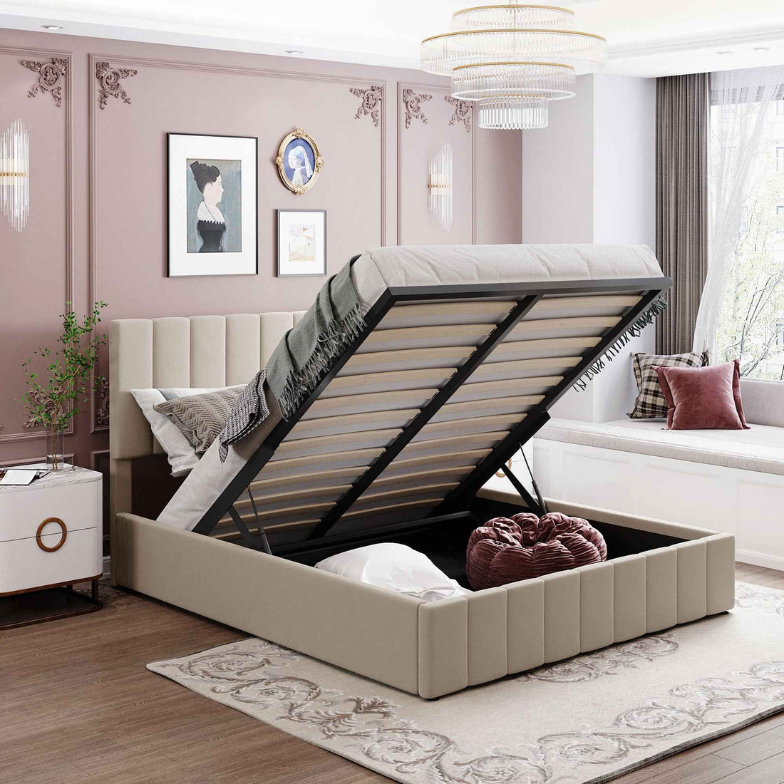 Queen size Upholstered Platform bed with a Hydraulic Storage System - Beige- USA