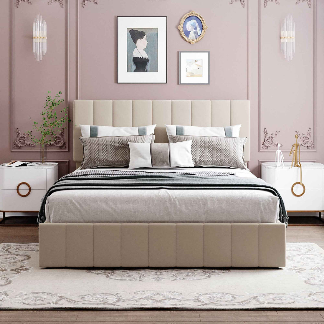 Queen size Upholstered Platform bed with a Hydraulic Storage System - Beige- USA