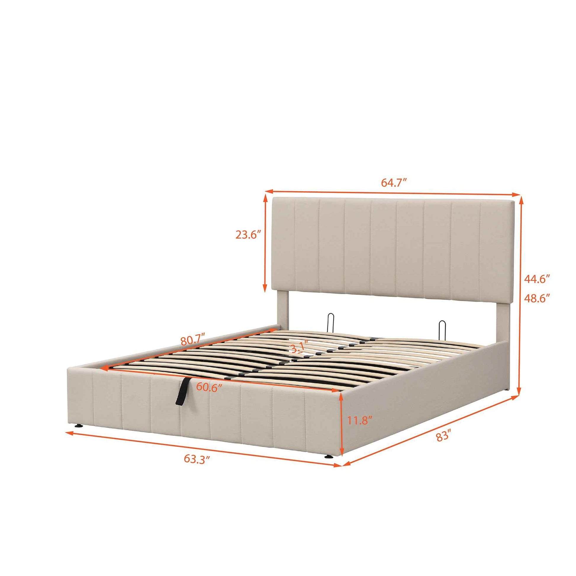 Queen size Upholstered Platform bed with a Hydraulic Storage System - Beige- USA