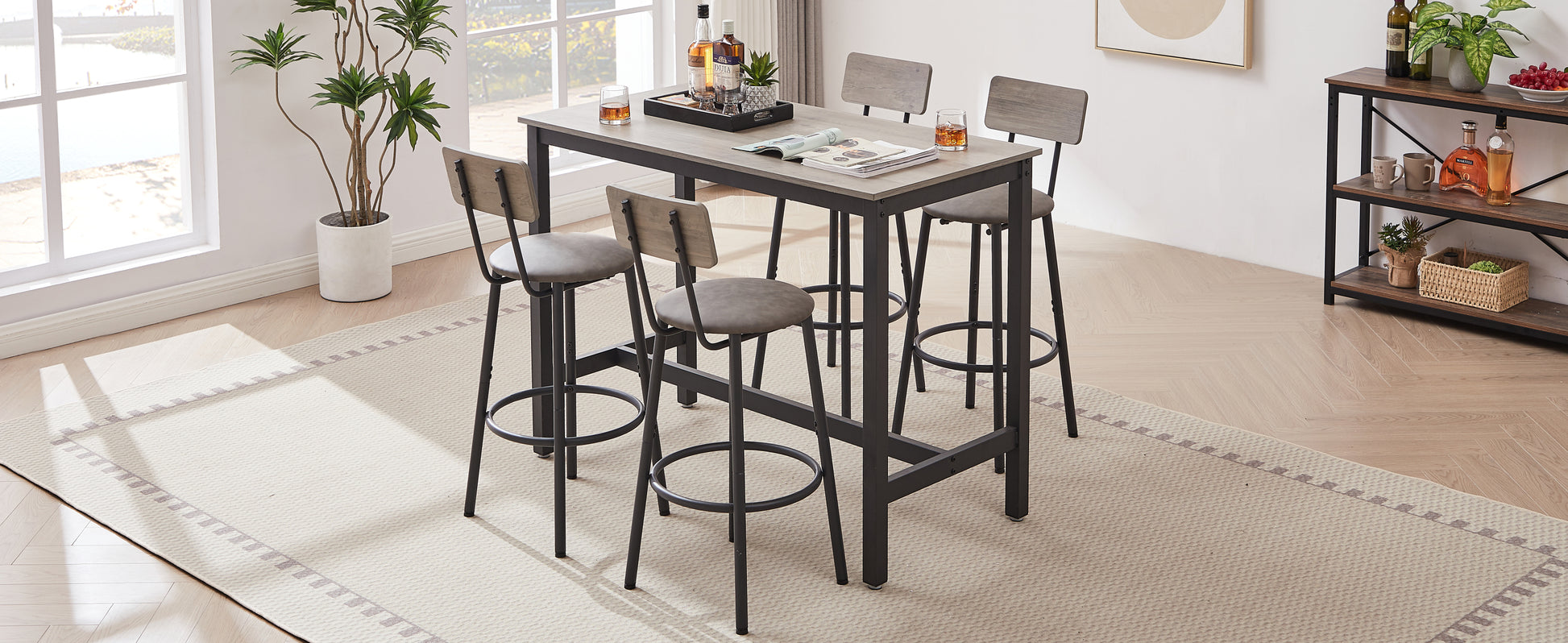 Rustic 5-Piece Bar Height Dining Set with Distressed Wood Top Table and 4 Stools USA