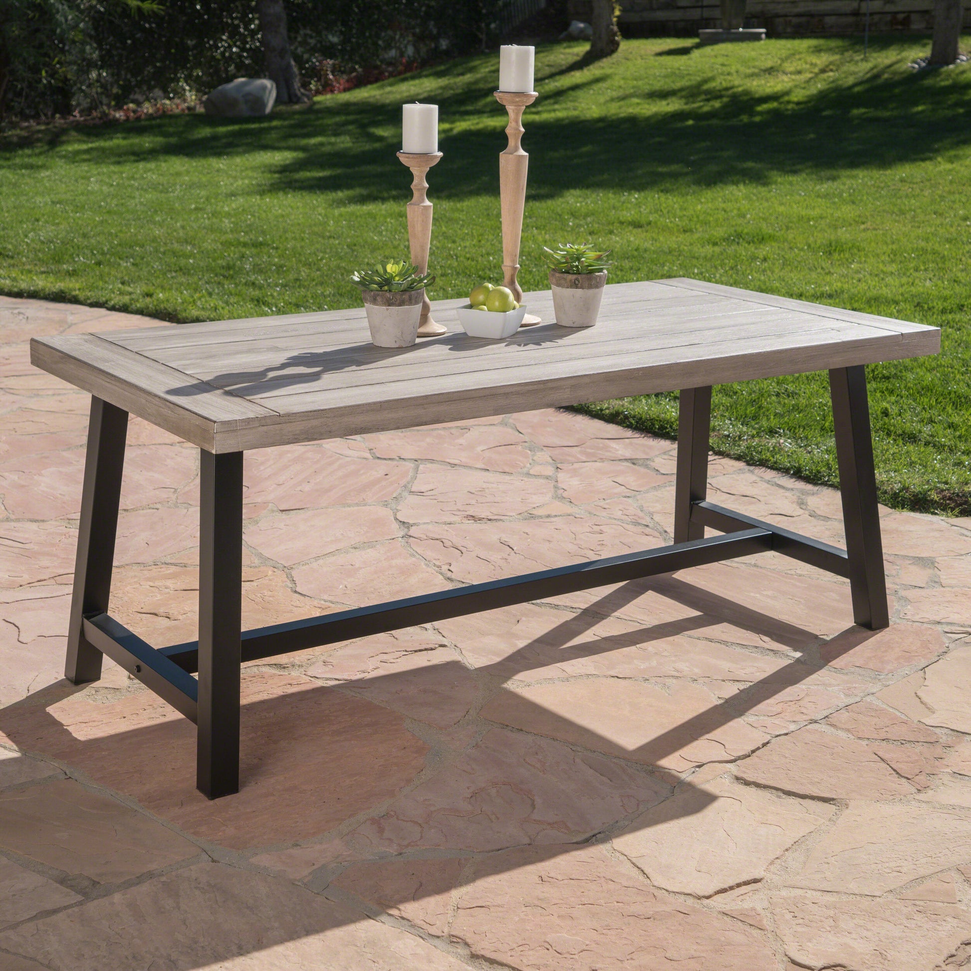 Rustic Acacia Wood Outdoor Dining Table with Steel Frame USA