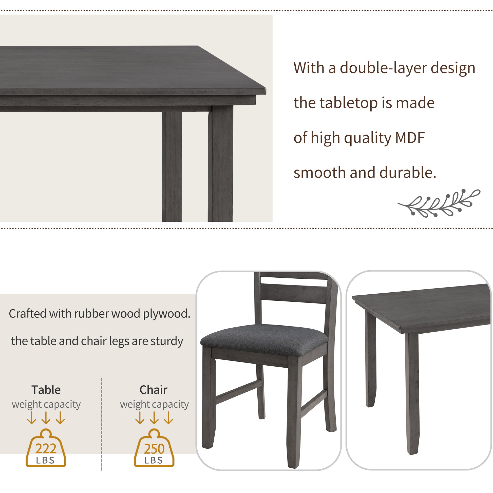 Rustic Farmhouse Dining Set with Bench - Distressed Gray Wood Top USA