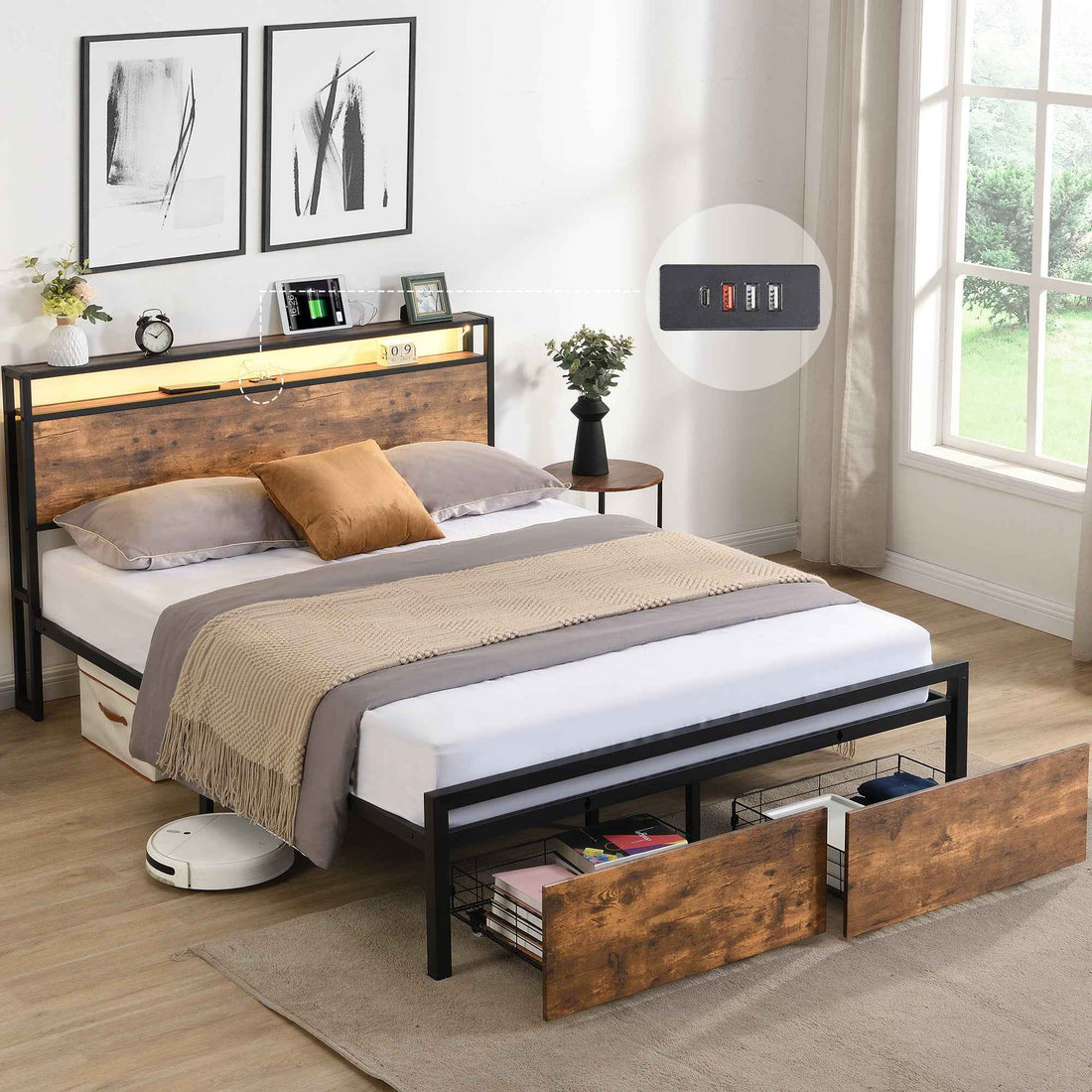 Rustic Farmhouse Wood Platform Bed with Storage Drawers- USA